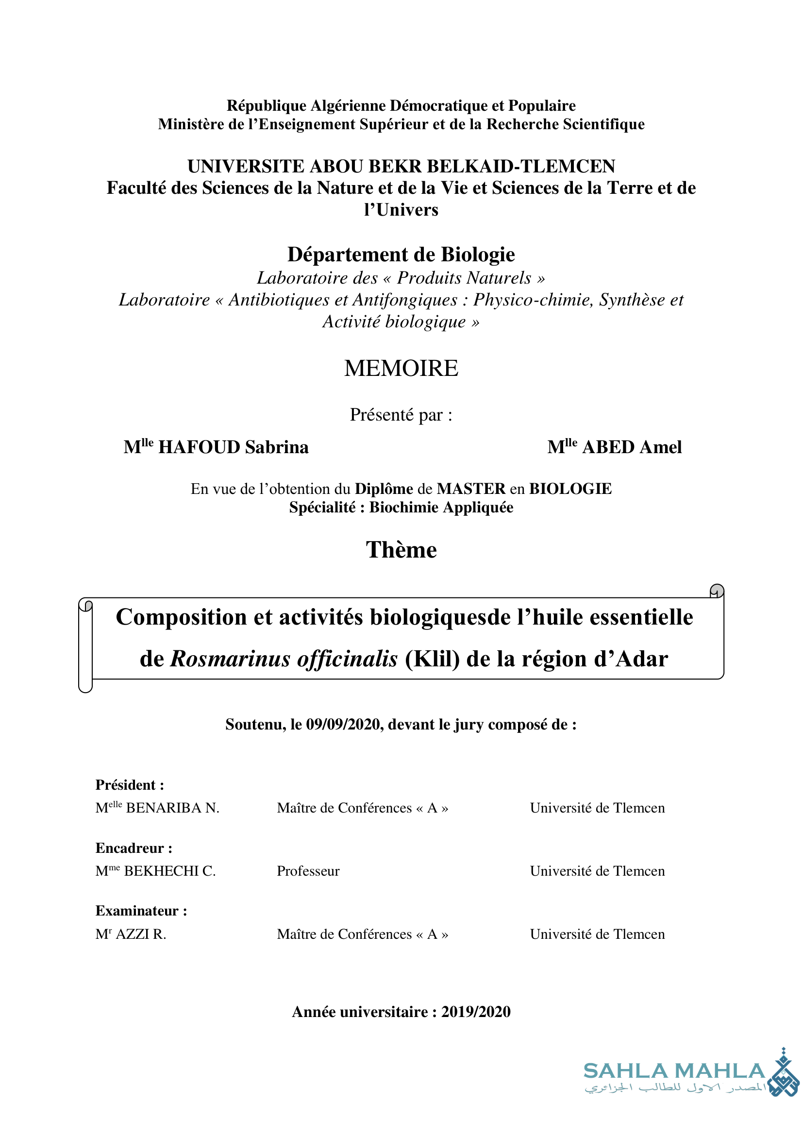 Composition et activités biologiques de l'huile essentielle de Rosmarinus officinalis (Klil) de la région d'Adar