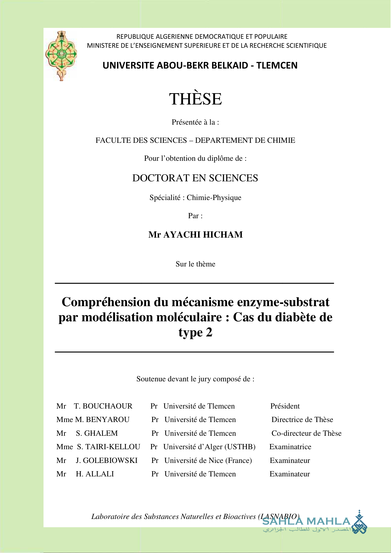Compréhension du mécanisme enzyme-substrat par modélisation moléculaire : Cas du diabète de type 2