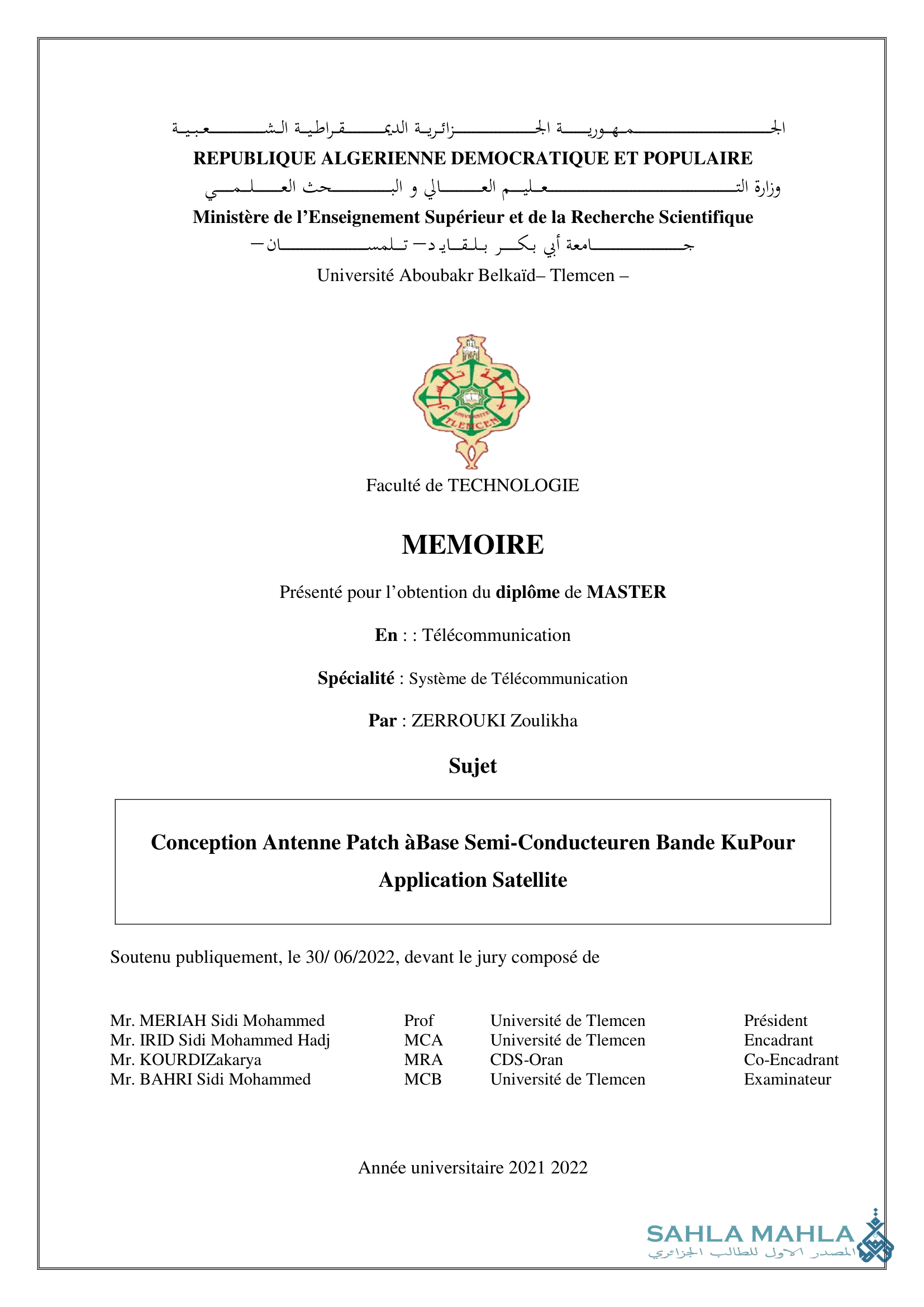 Conception Antenne Patch à Base Semi-Conducteur en Bande Ku Pour Application Satellite
