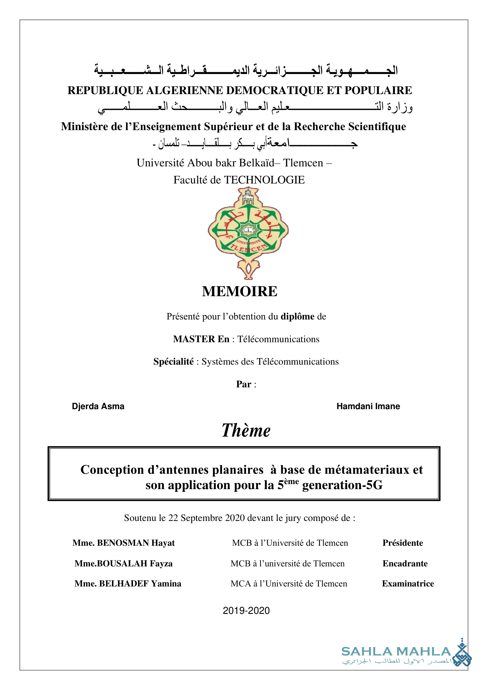 Conception d'antennes planaires à base de métamateriaux et son application pour la 5ème generation-5G