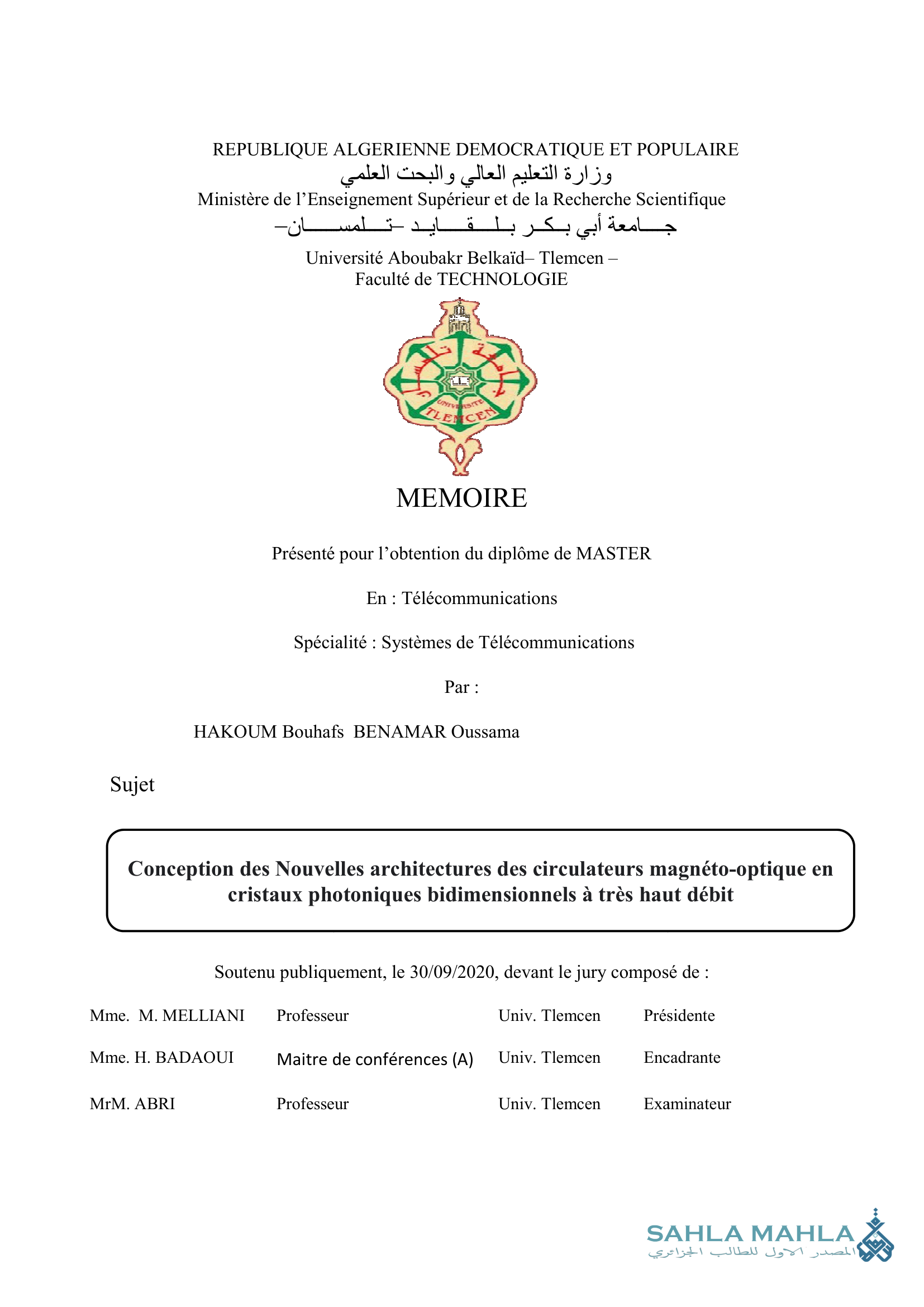 Conception des Nouvelles architectures des circulateurs magnéto-optique en cristaux photoniques bidimensionnels à très haut débit