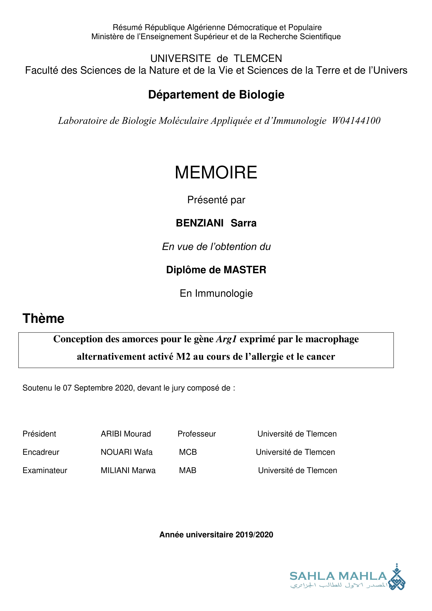 Conception des amorces pour le gène Arg1 exprimé par le macrophage alternativement activé M2 au cours de l'allergie et le cancer