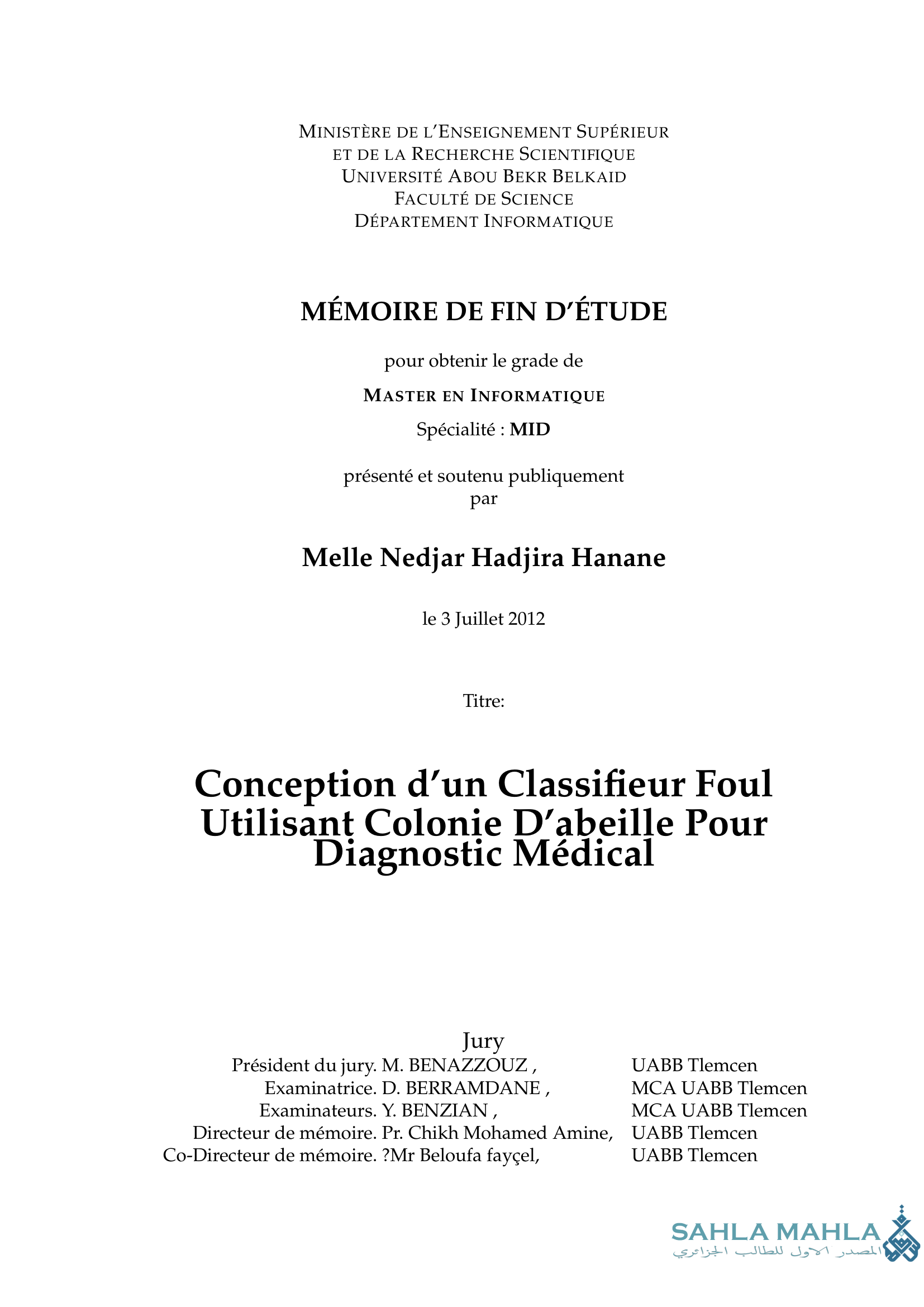 Conception d'un Classifieur Foul Utilisant Colonie D'abeille Pour Diagnostic Médical