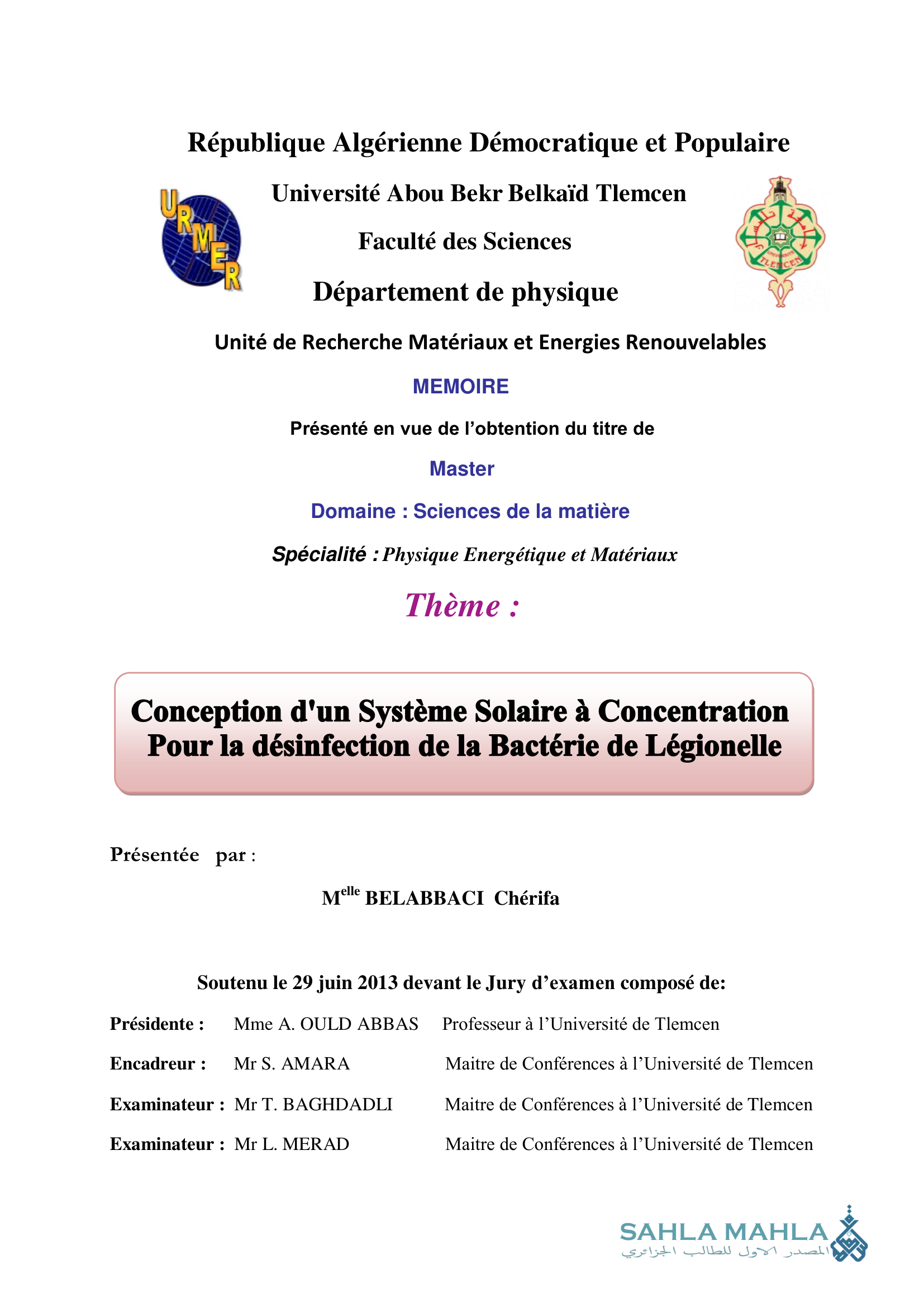 Conception d'un Système Solaire à Concentration Pour la désinfection de la Bactérie de Légionelle