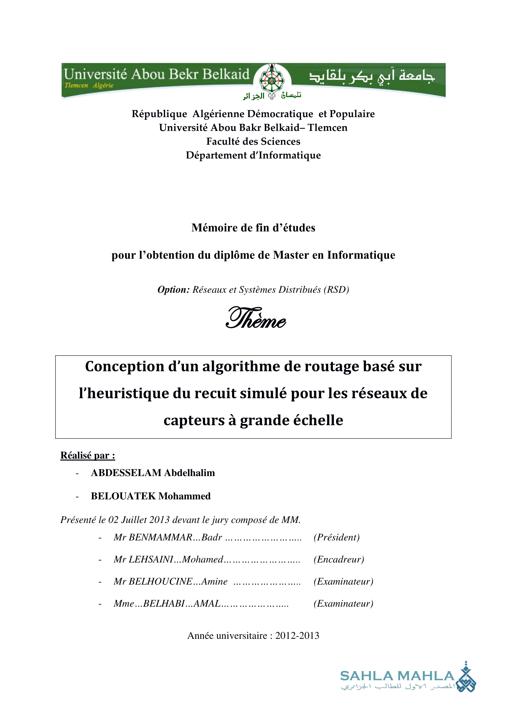 Conception d'un algorithme de routage basé sur l'heuristique du recuit simulé pour les réseaux de capteurs à grande échelle