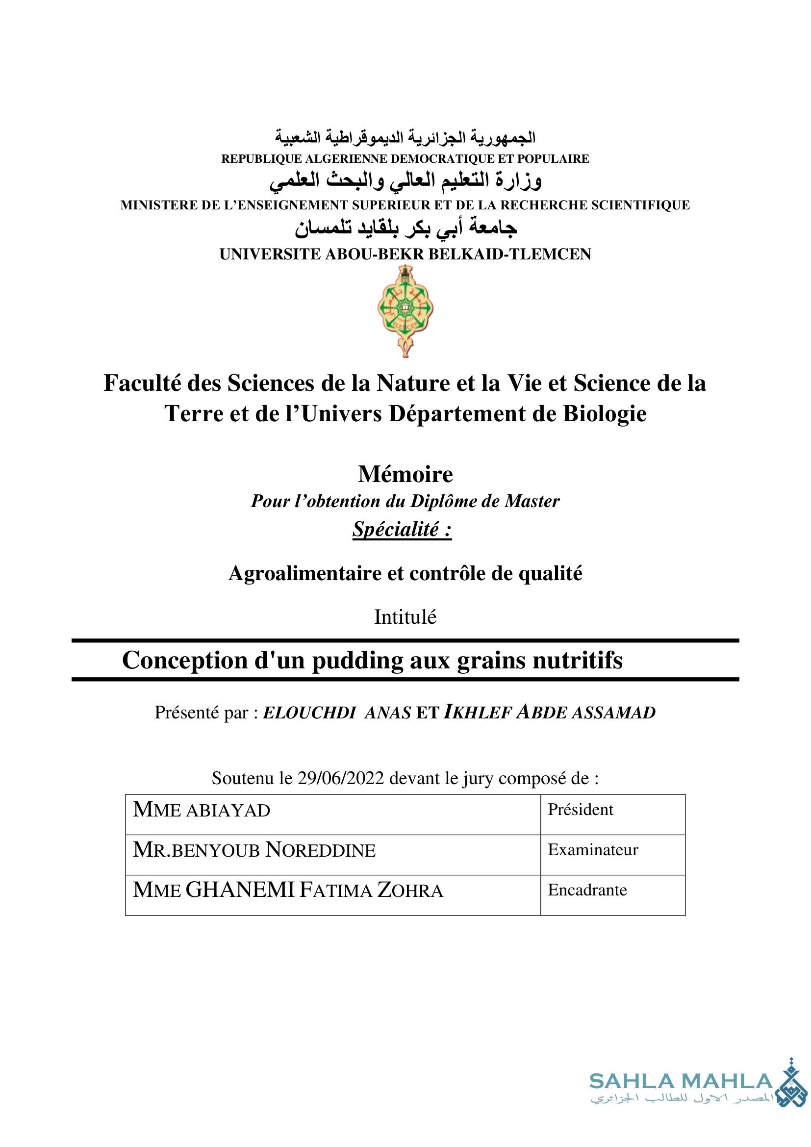 Conception d'un pudding aux grains nutritifs