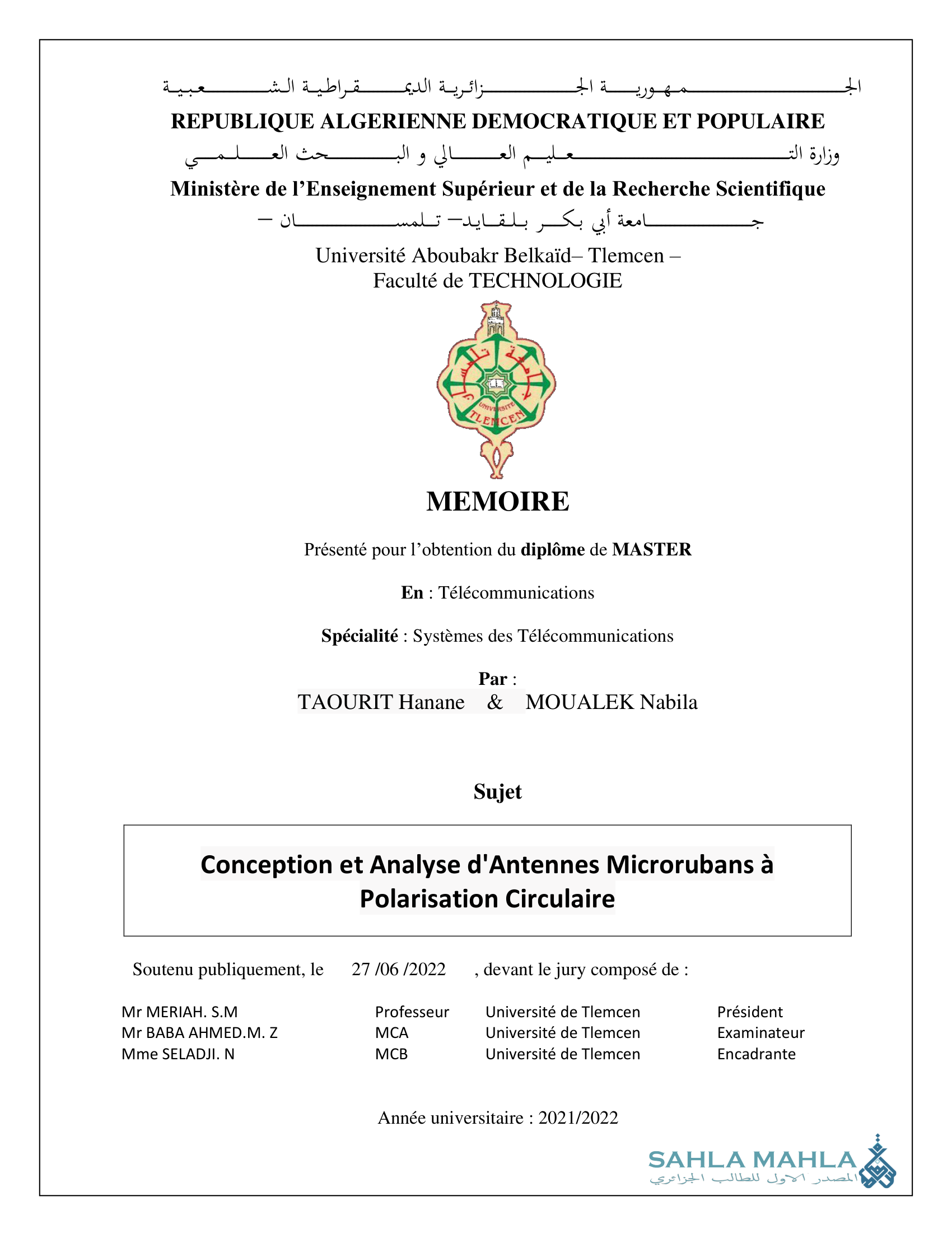 Conception et Analyse d'Antennes Microrubans à Polarisation Circulaire