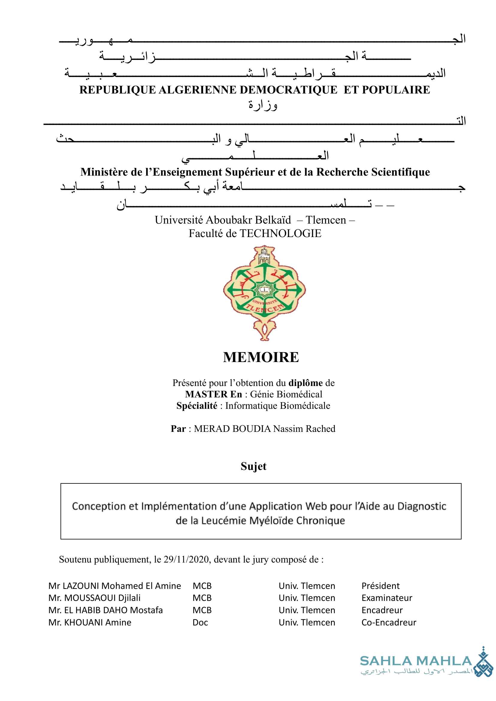 Conception et Implémentation d'une Application Web pour l'Aide au Diagnostic de la Leucémie Myéloïde Chronique
