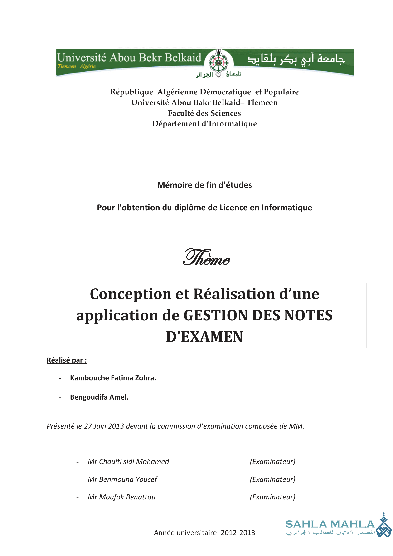 Conception et Réalisation d'une application de GESTION DES NOTES D'EXAMEN