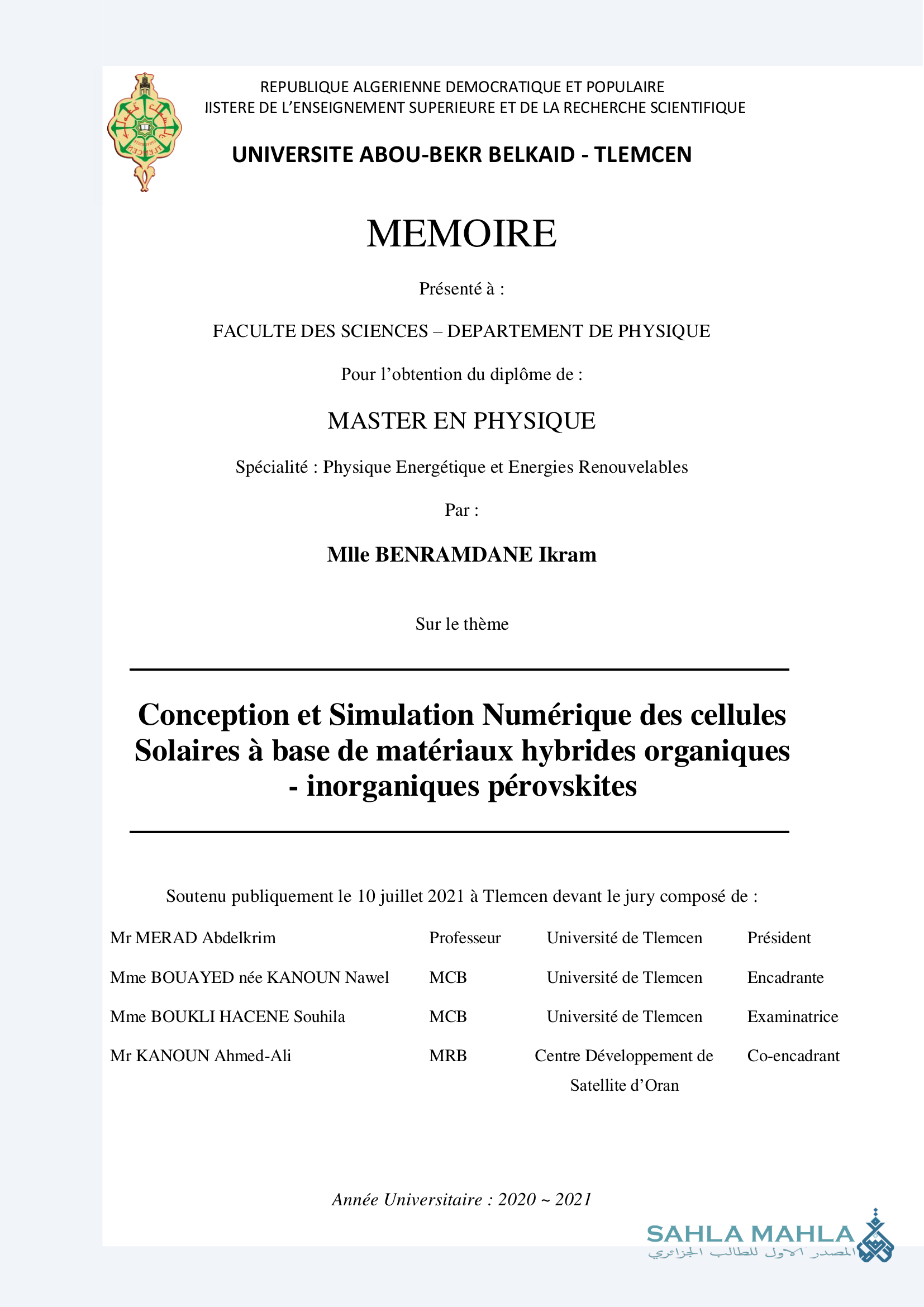 Conception et Simulation Numérique des cellules Solaires à base de matériaux hybrides organiques - inorganiques pérovskites
