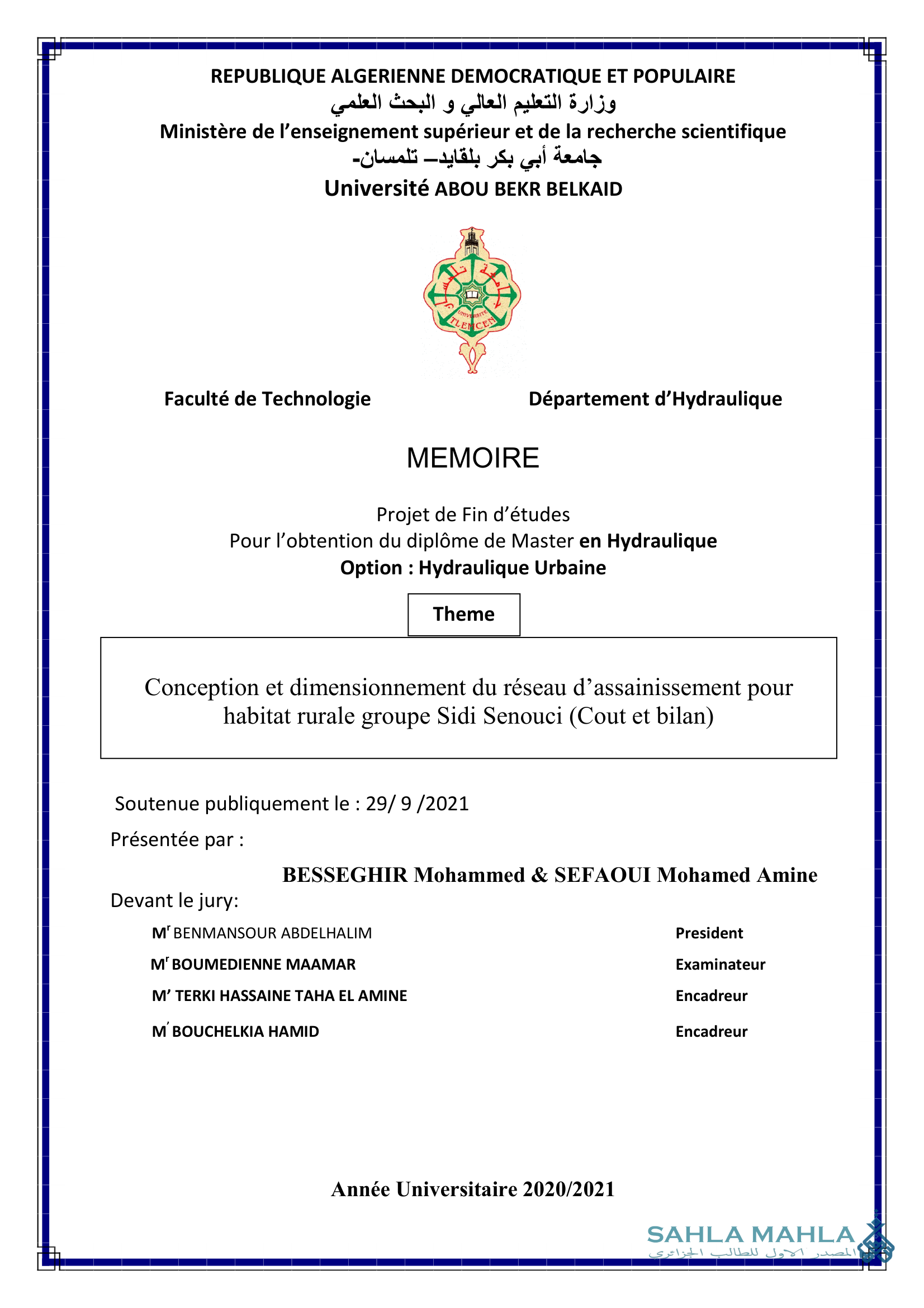 Conception et dimensionnement du réseau d'assainissement pour habitat rurale groupe Sidi Senouci (Cout et bilan)