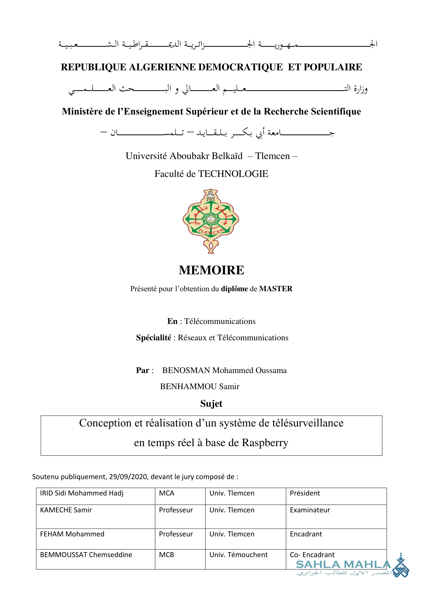Conception et réalisation d'un système de télésurveillance en temps réel à base de Raspberry