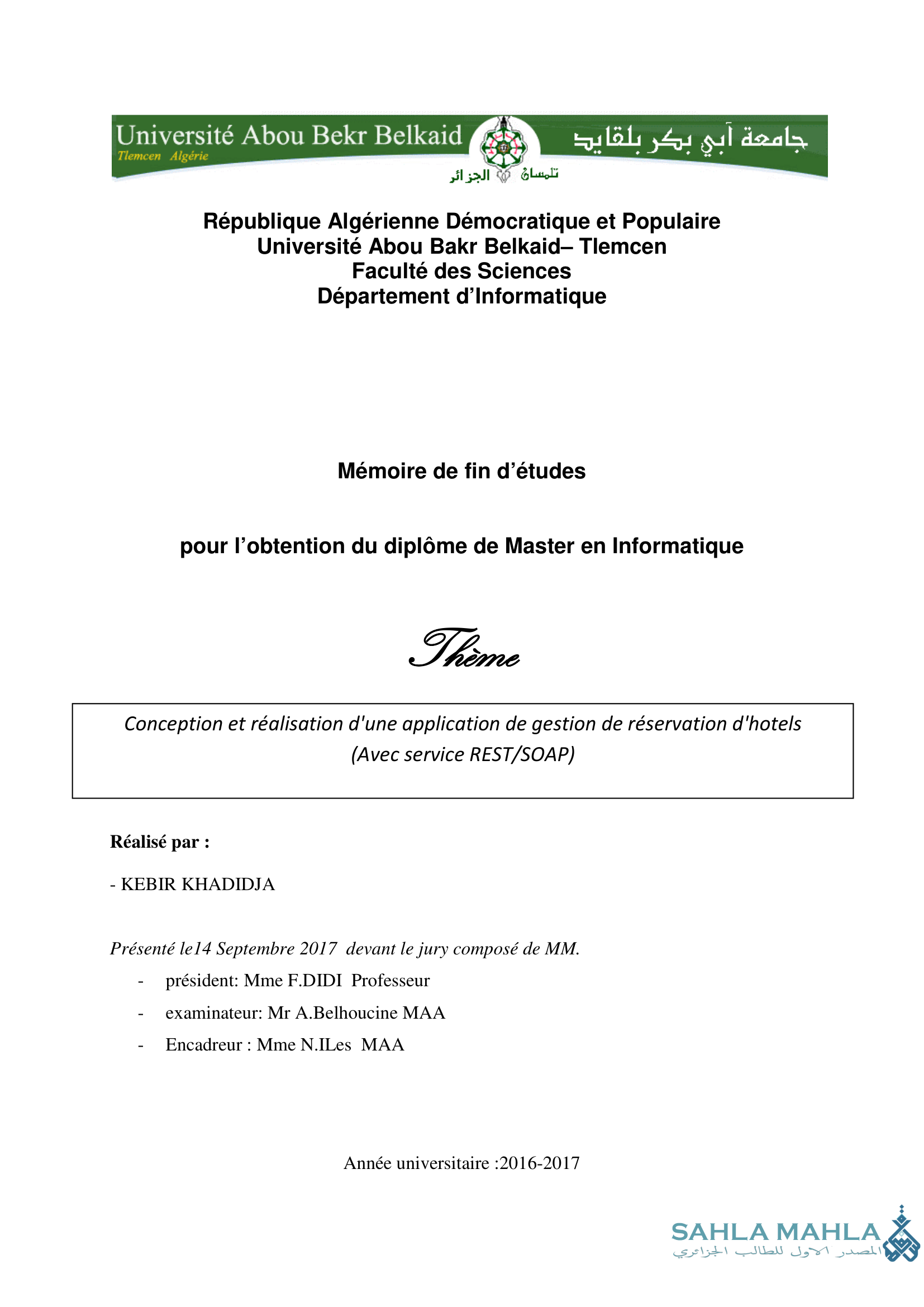Conception et réalisation d'une application de gestion de réservation d'hotels (Avec service REST/SOAP)