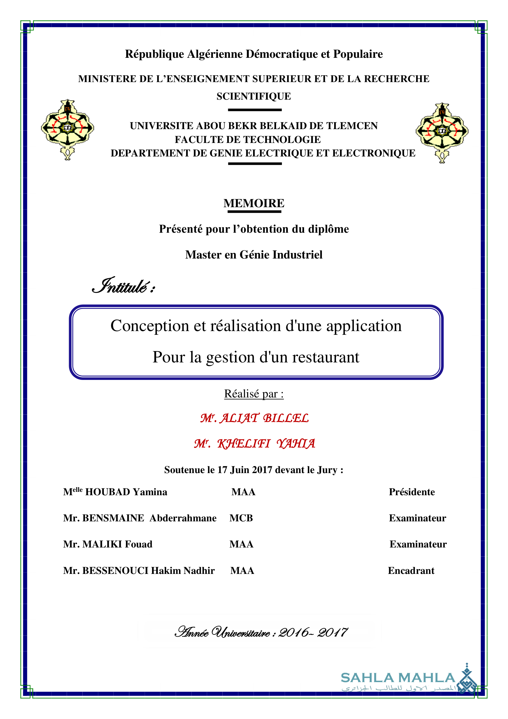 Conception et réalisation d'une application pour la gestion d'un restaurant