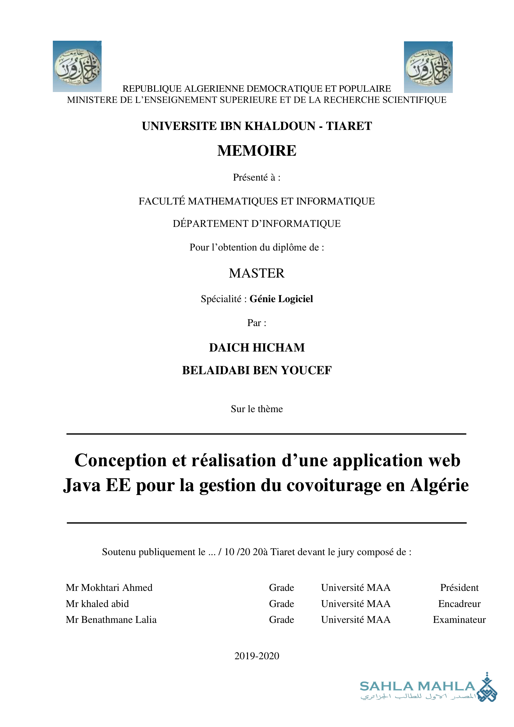 Conception et réalisation d'une application web Java EE pour la gestion du covoiturage en Algérie