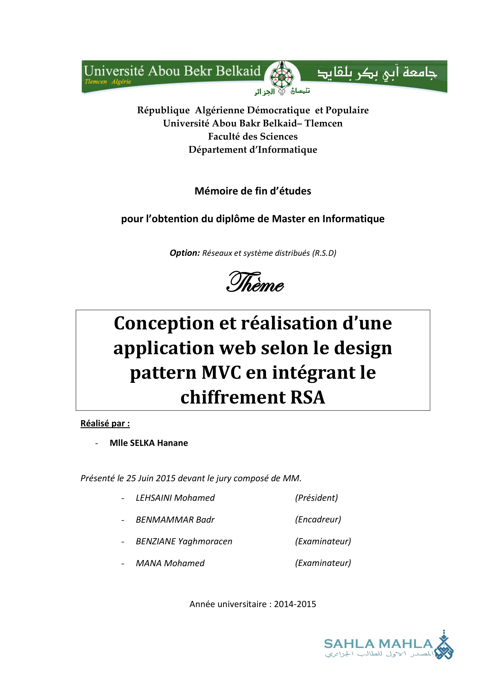 Conception et réalisation d'une application web selon le design pattern MVC en intégrant le chiffrement RSA