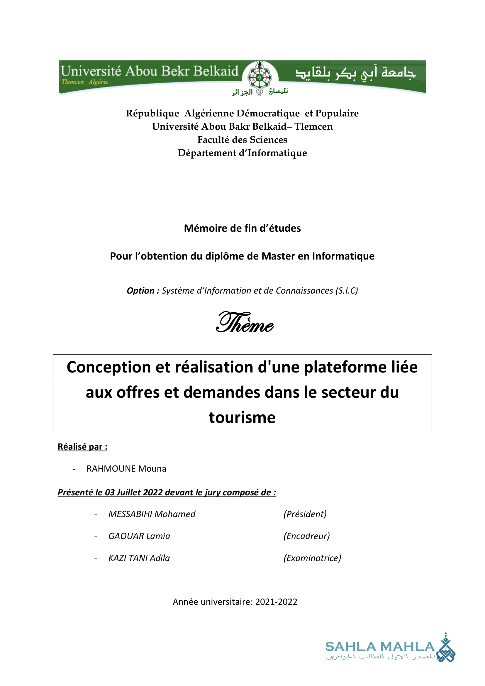Conception et réalisation d'une plateforme liée aux offres et demandes dans le secteur du tourisme