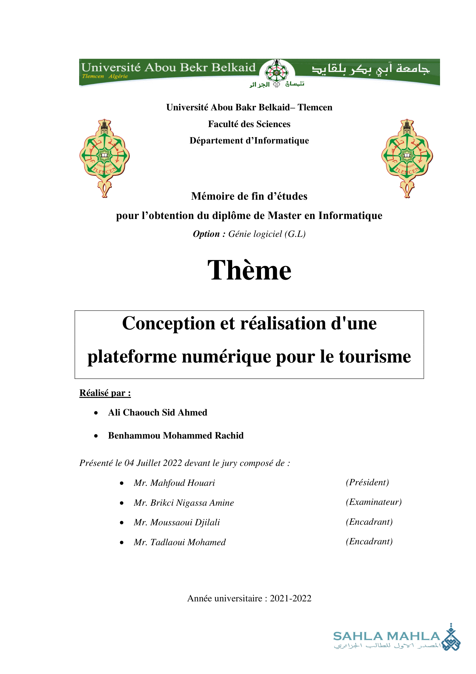 Conception et réalisation d'une plateforme numérique pour le tourisme