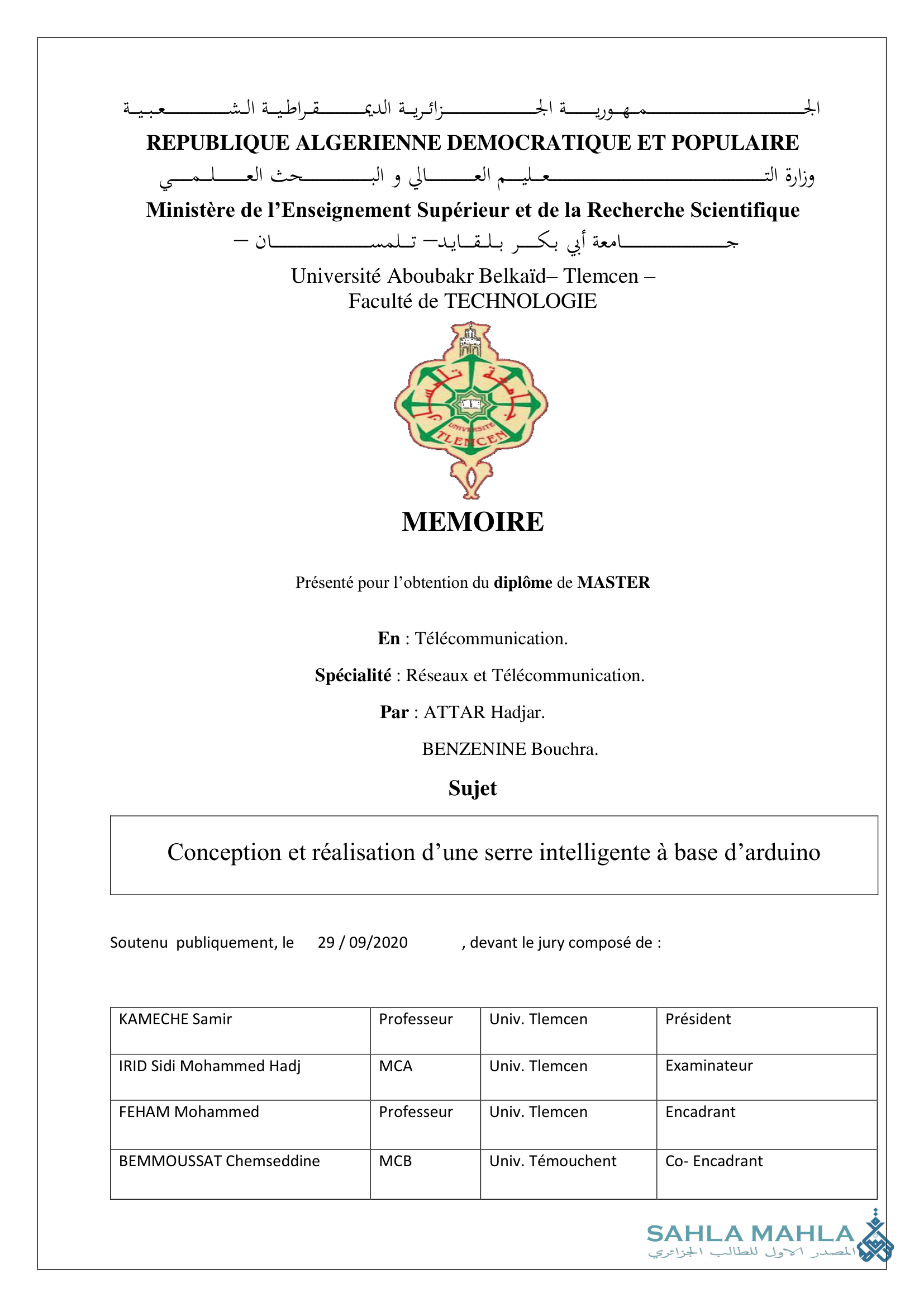 Conception et réalisation d'une serre intelligente à base d'arduino