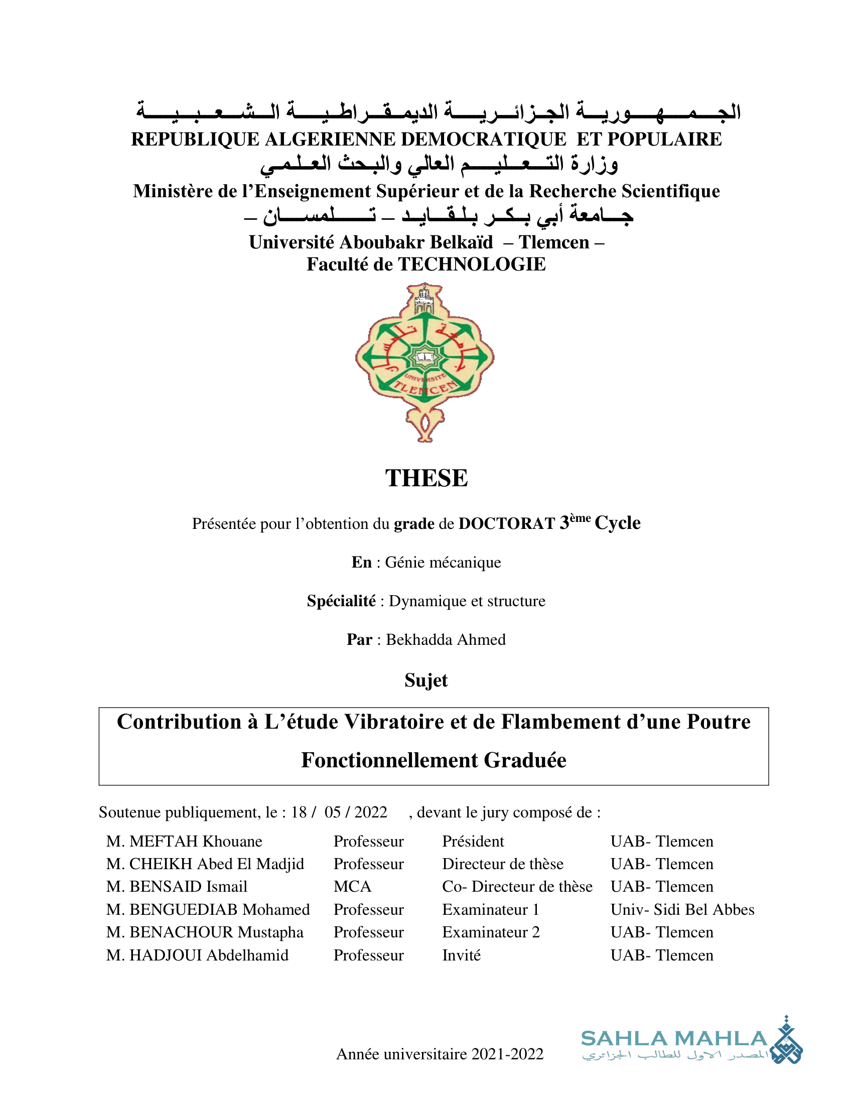 Contribution à L'étude Vibratoire et de Flambement d'une Poutre Fonctionnellement Graduée