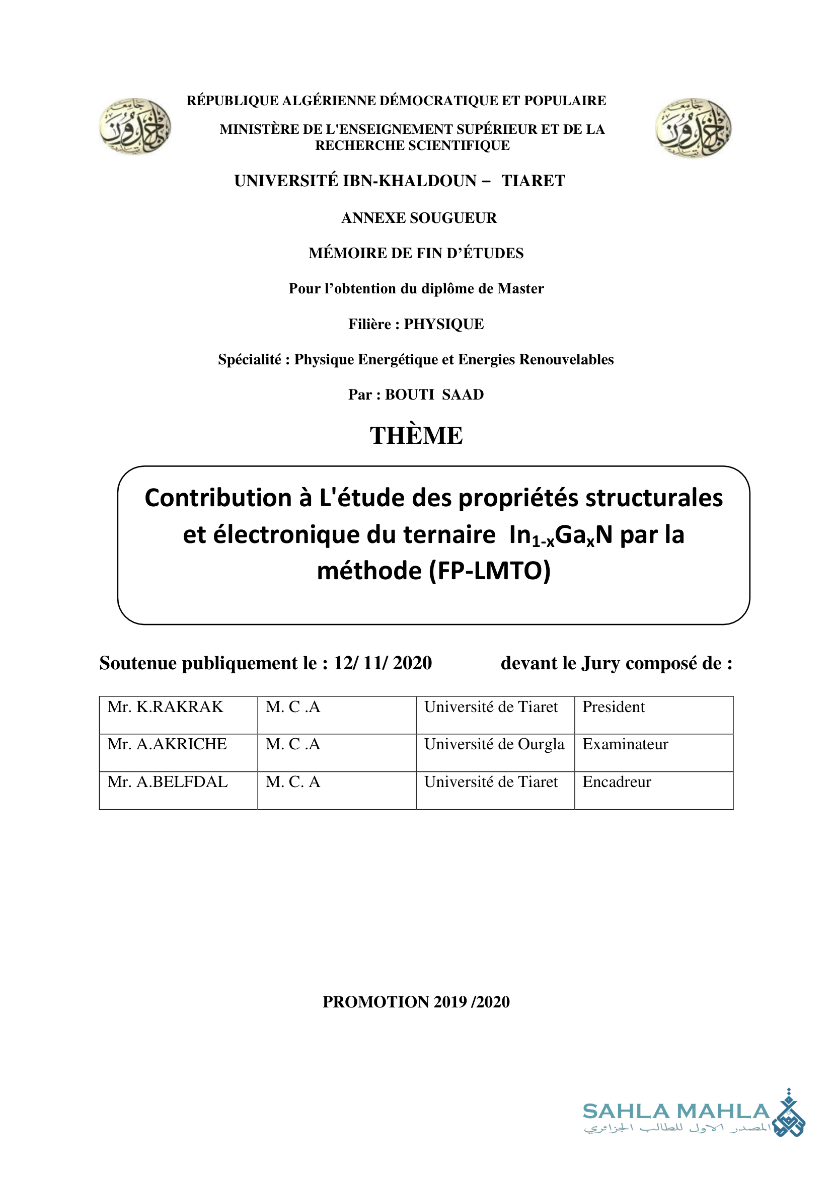 Contribution à L'étude des propriétés structurales et électronique du ternaire In1-Ga,N par la méthode (FP-LMTO)