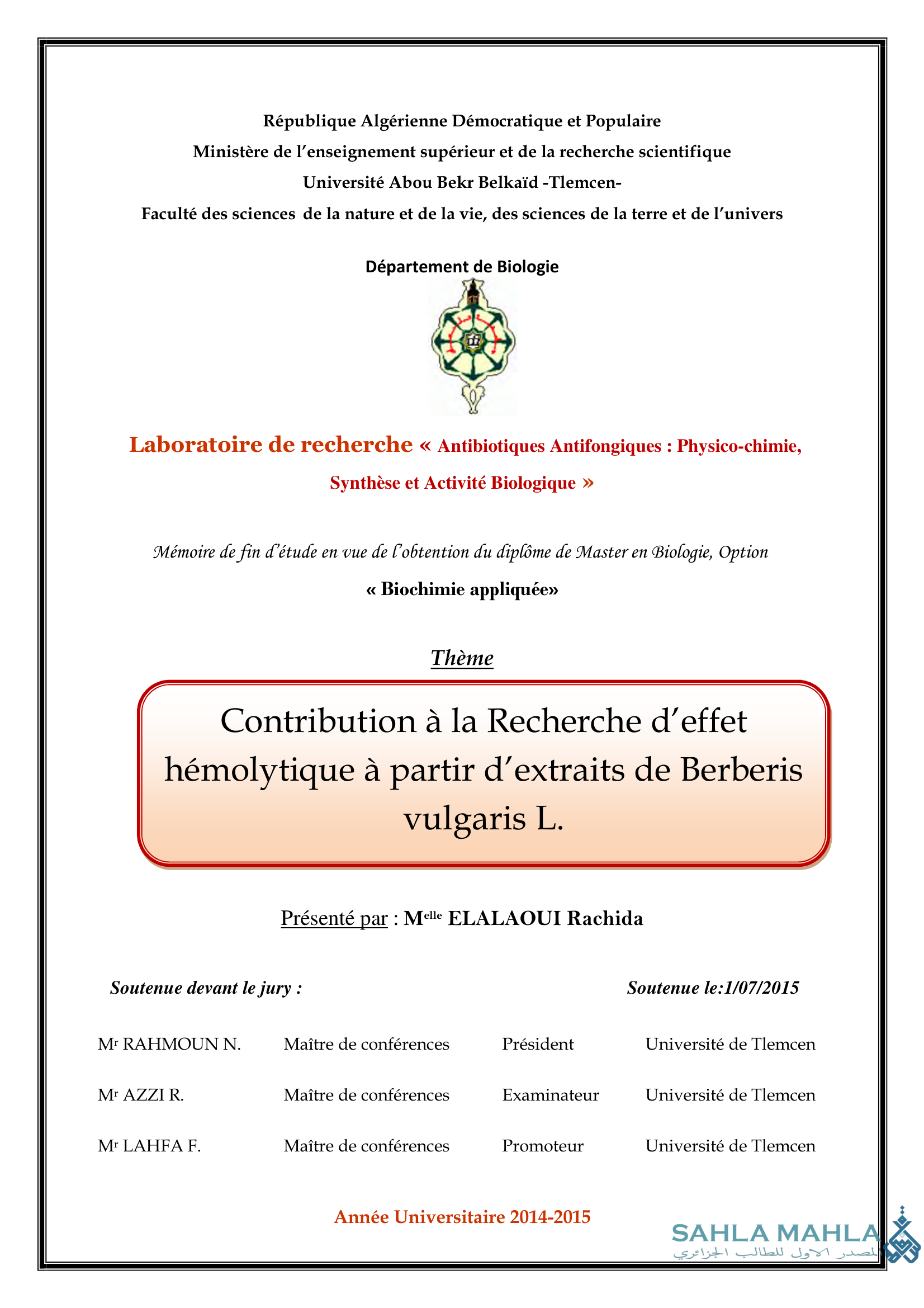 Contribution à la Recherche d'effet hémolytique à partir d'extraits de Berberis vulgaris L.