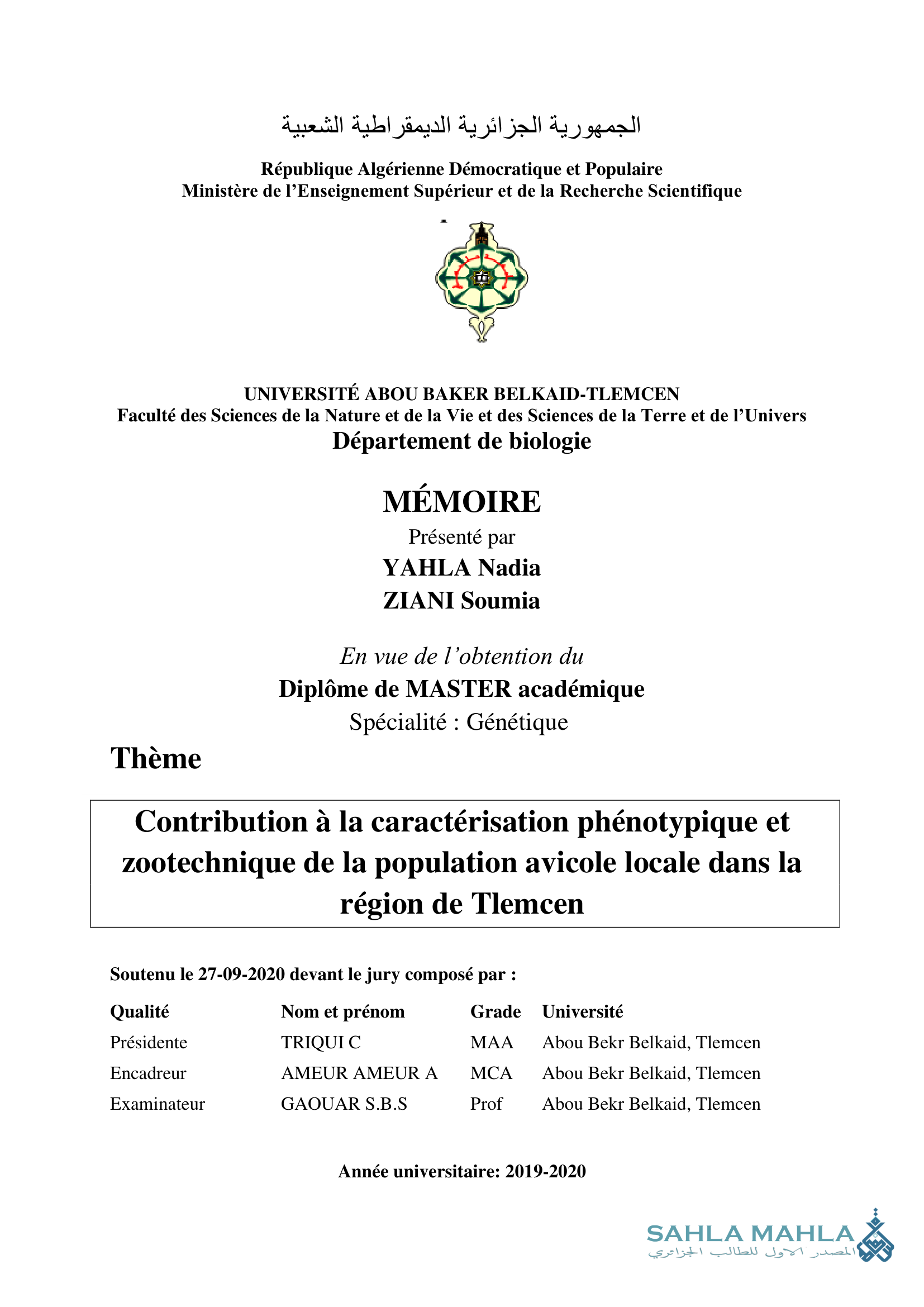 Contribution à la caractérisation phénotypique et zootechnique de la population avicole locale dans la région de Tlemcen