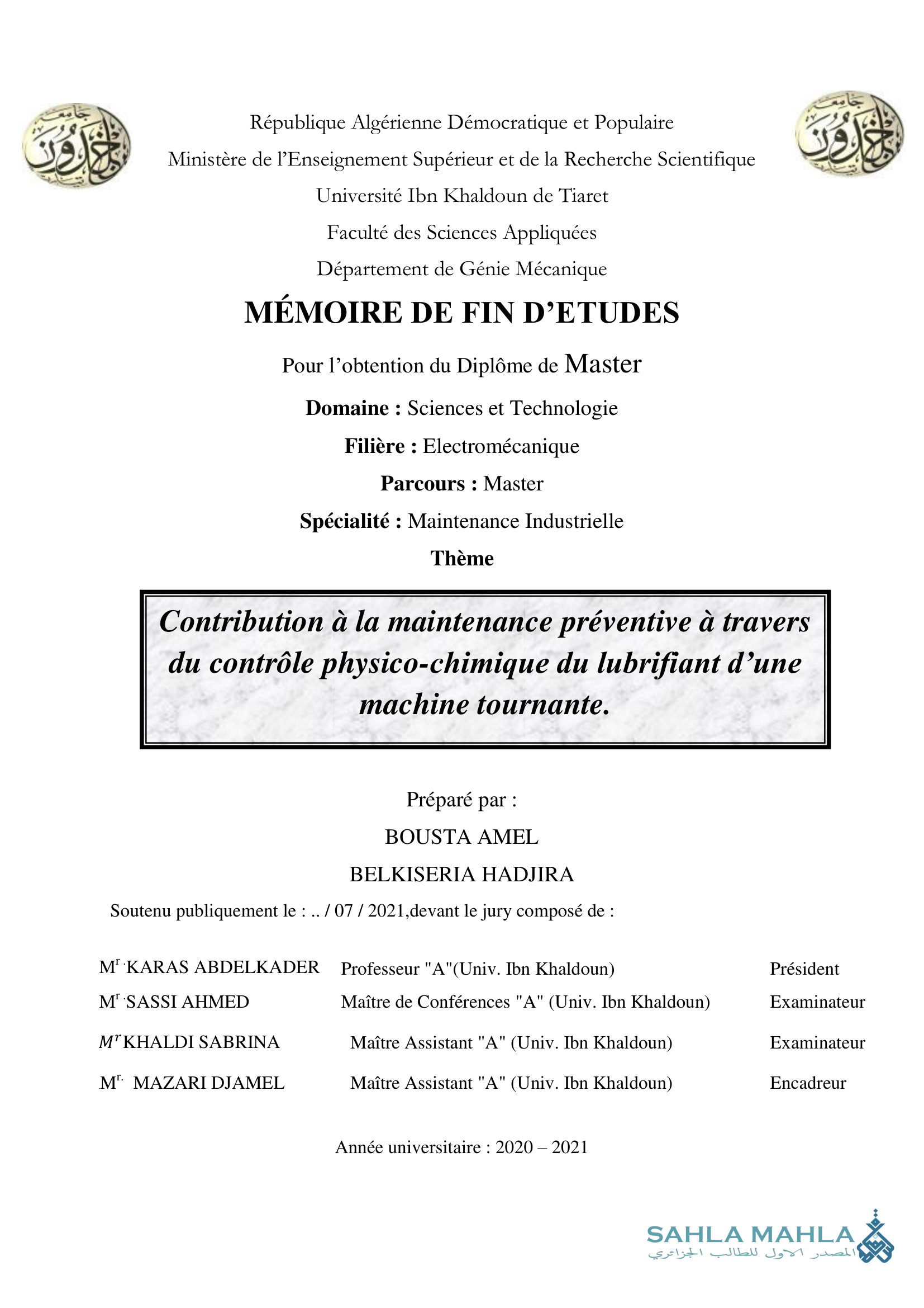 Contribution à la maintenance préventive à travers du contrôle physico-chimique du lubrifiant d'une machine tournante.