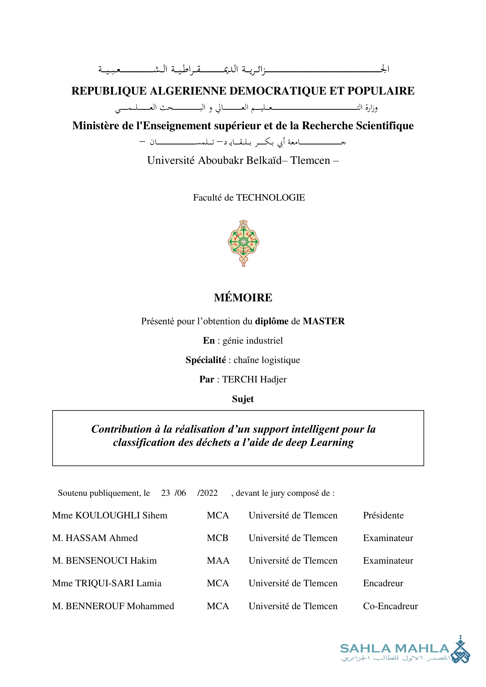 Contribution à la réalisation d'un support intelligent pour la classification des déchets a l'aide de deep Learning