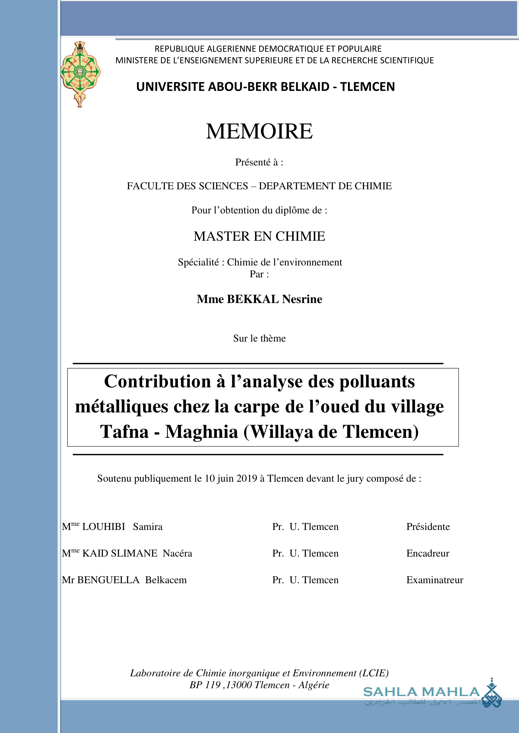 Contribution à l'analyse des polluants métalliques chez la carpe de l'oued du village Tafna - Maghnia (Willaya de Tlemcen)