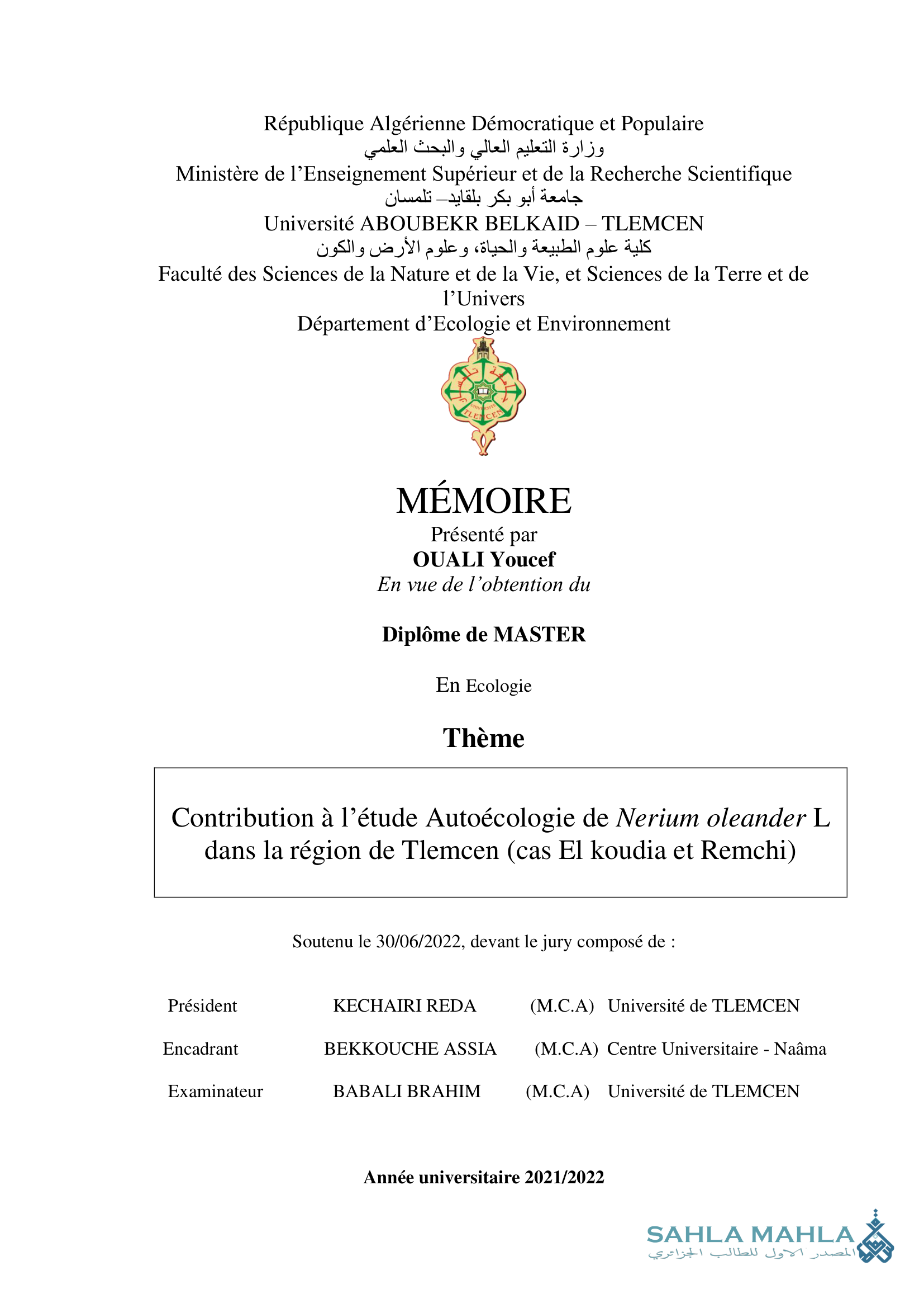 Contribution à l'étude Autoécologie de Nerium oleander L dans la région de Tlemcen (cas El koudia et Remchi)