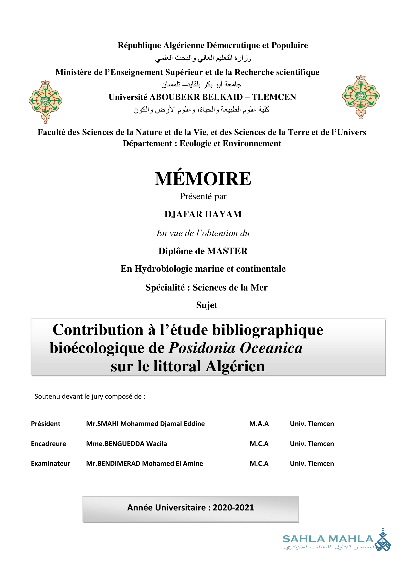 Contribution à l'étude bibliographique bioécologique de Posidonia Oceanica sur le littoral Algérien