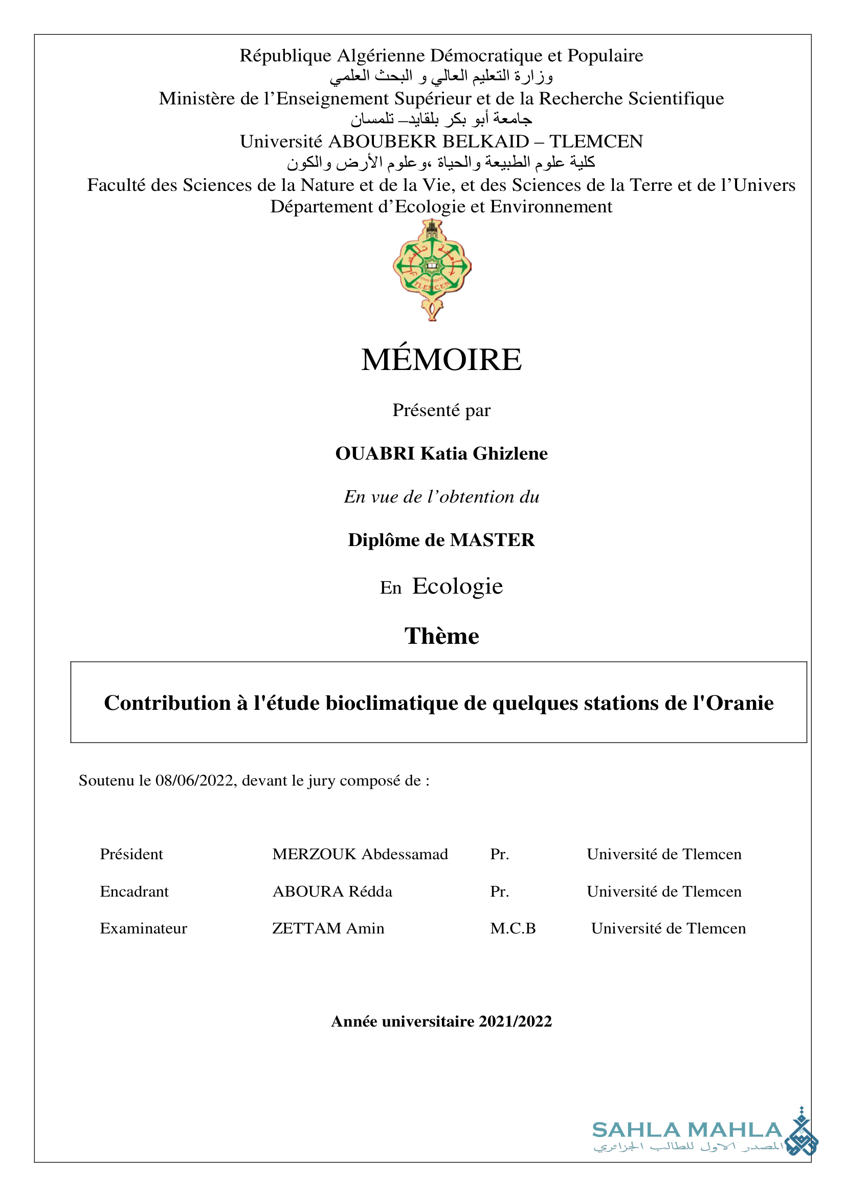 Contribution à l'étude bioclimatique de quelques stations de l'Oranie