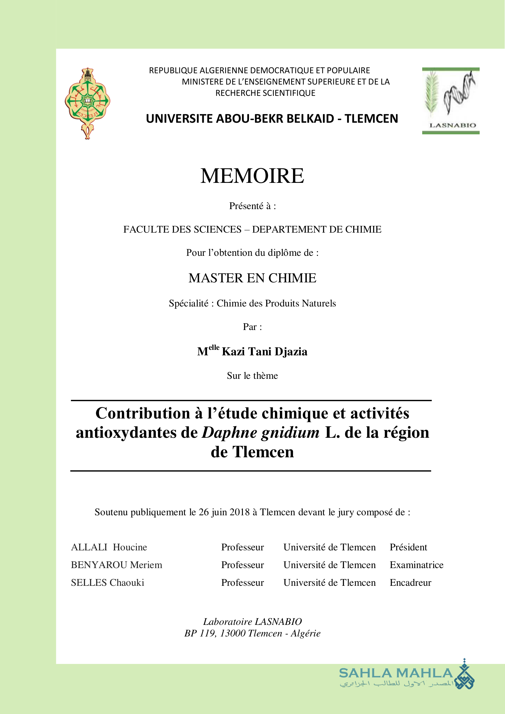 Contribution à l'étude chimique et activités antioxydantes de Daphne gnidium L. de la région de Tlemcen