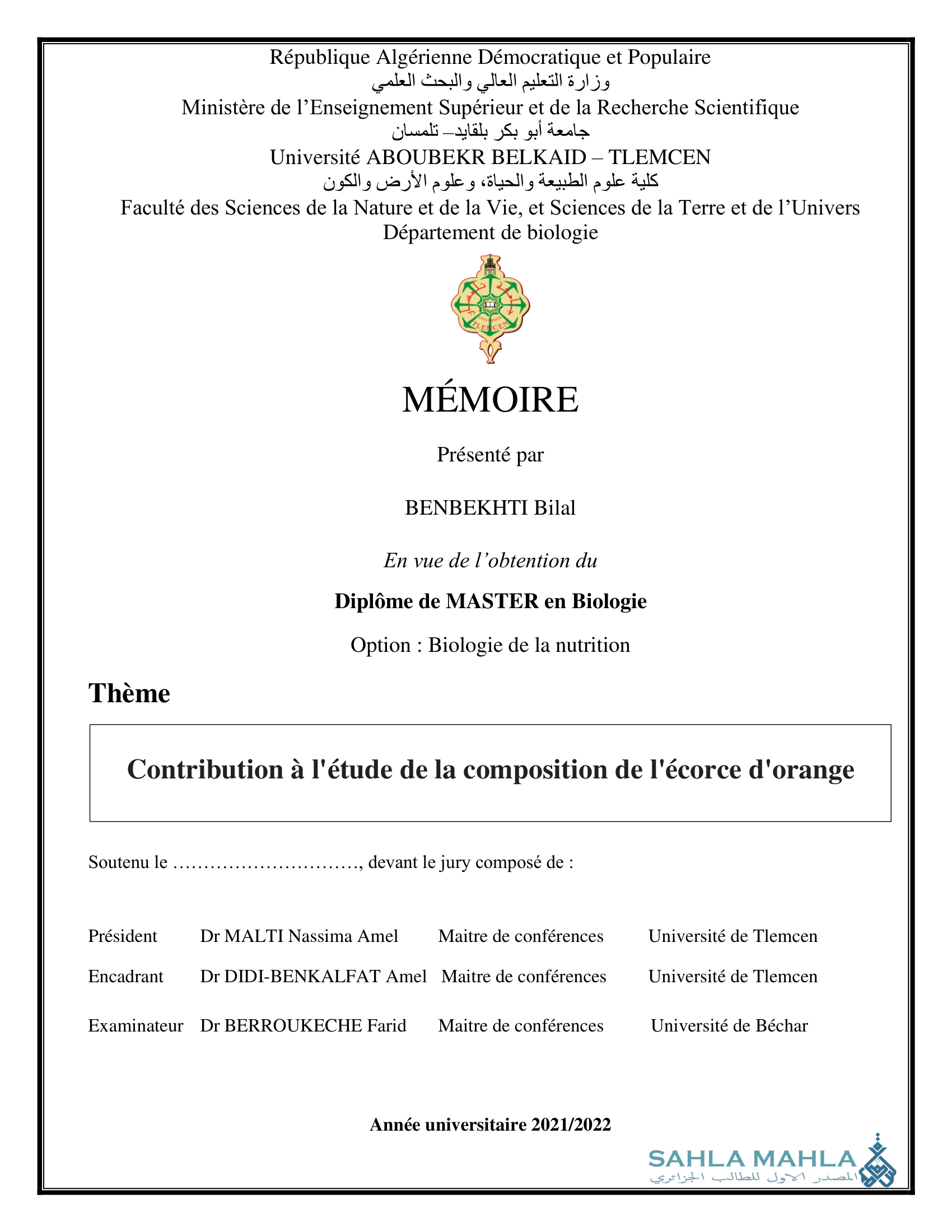 Contribution à l'étude de la composition de l'écorce d'orange
