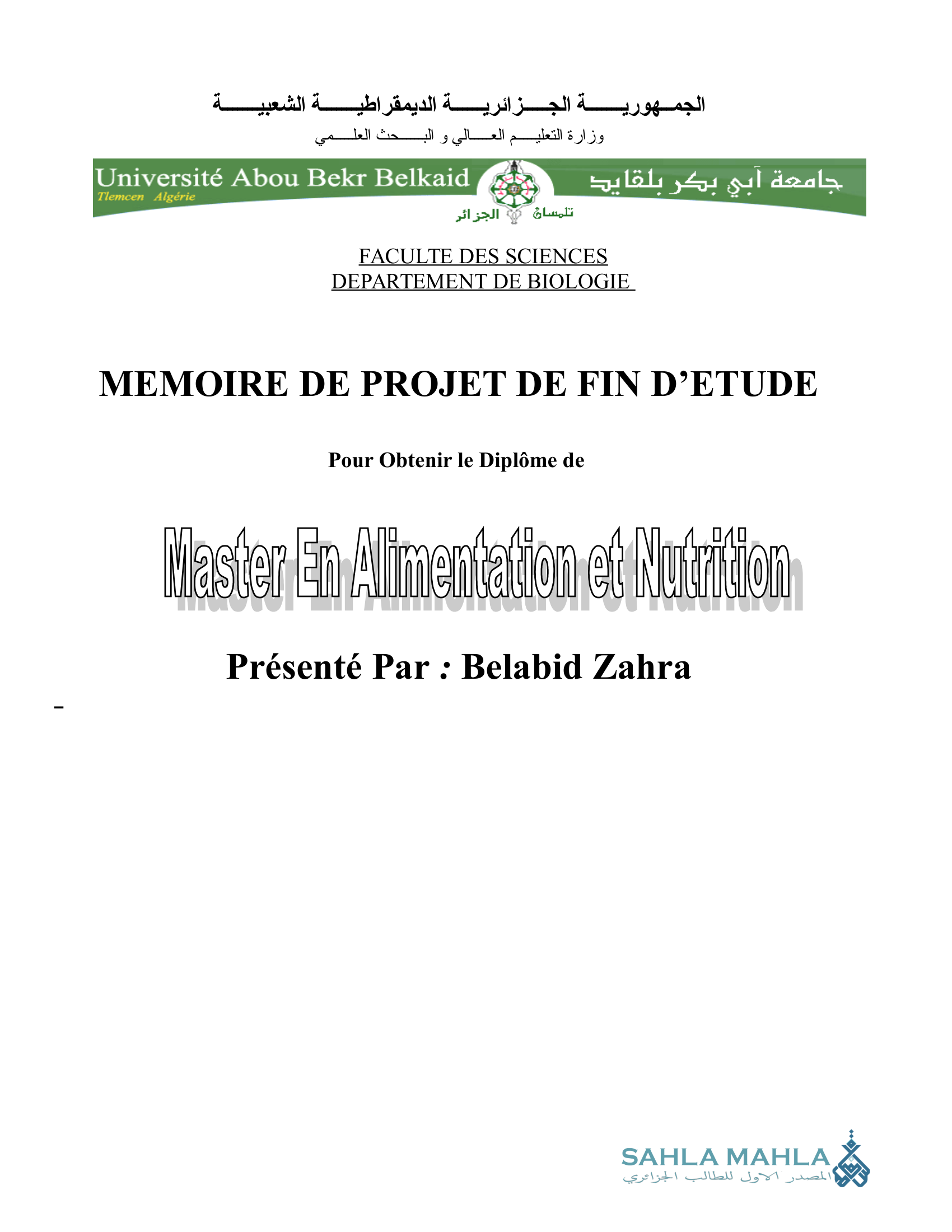 Contribution à l'étude de la contamination des ovoproduits par Salmonella typhi dans la région de Tlemcen