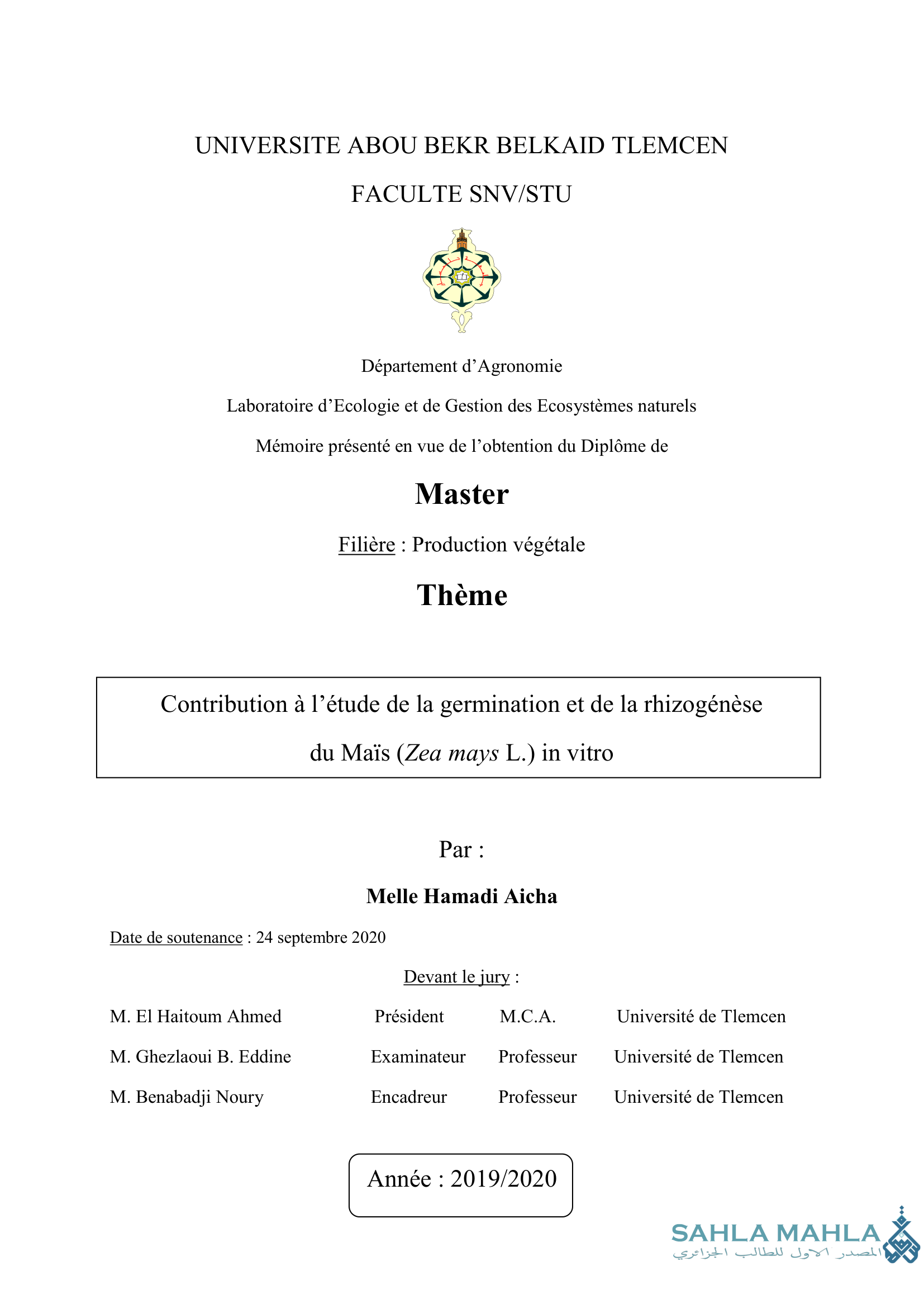 Contribution à l'étude de la germination et de la rhizogénèse du Maïs (Zea mays L.) in vitro