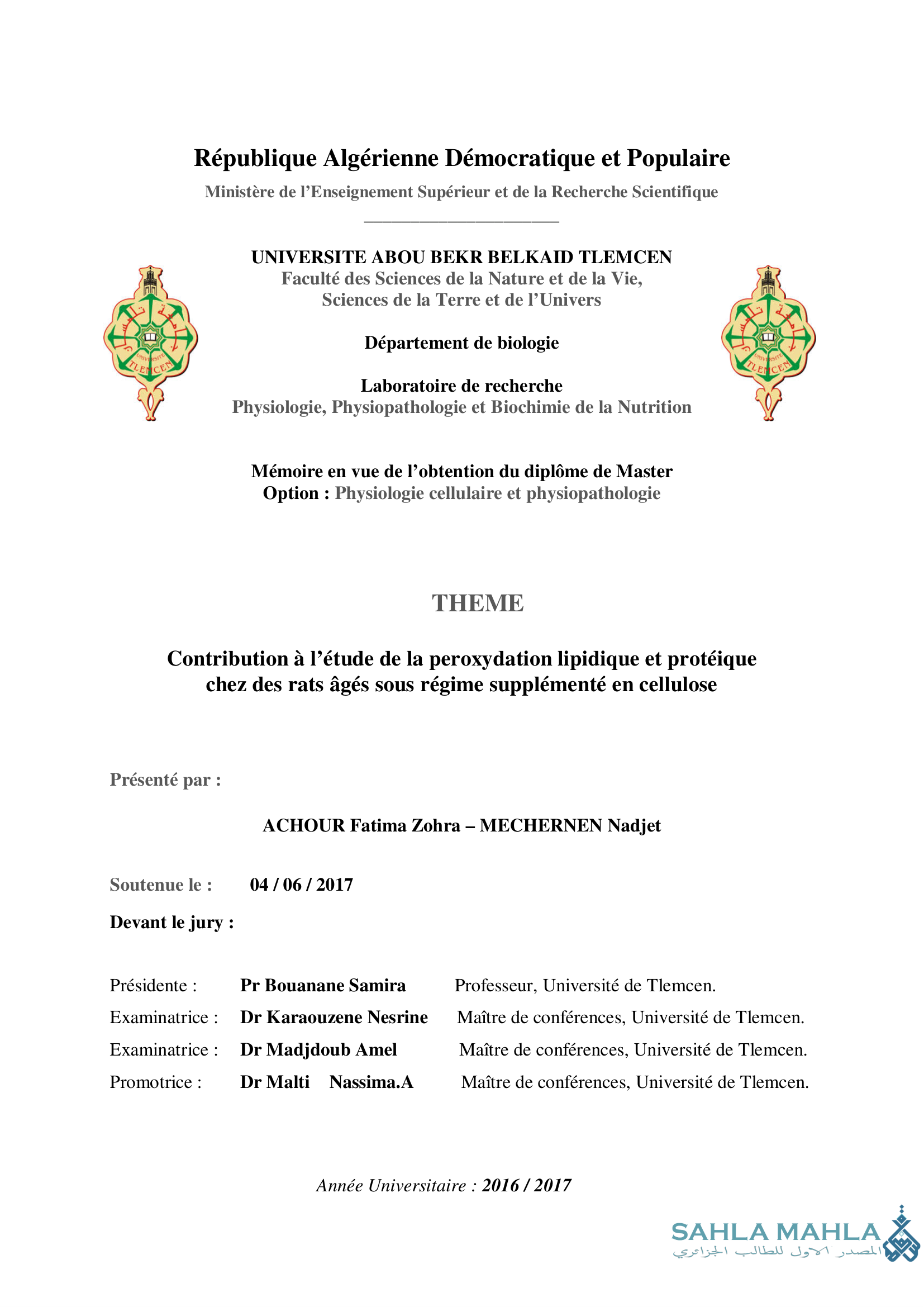 Contribution à l'étude de la peroxydation lipidique et protéique chez des rats âgés sous régime supplémenté en cellulose