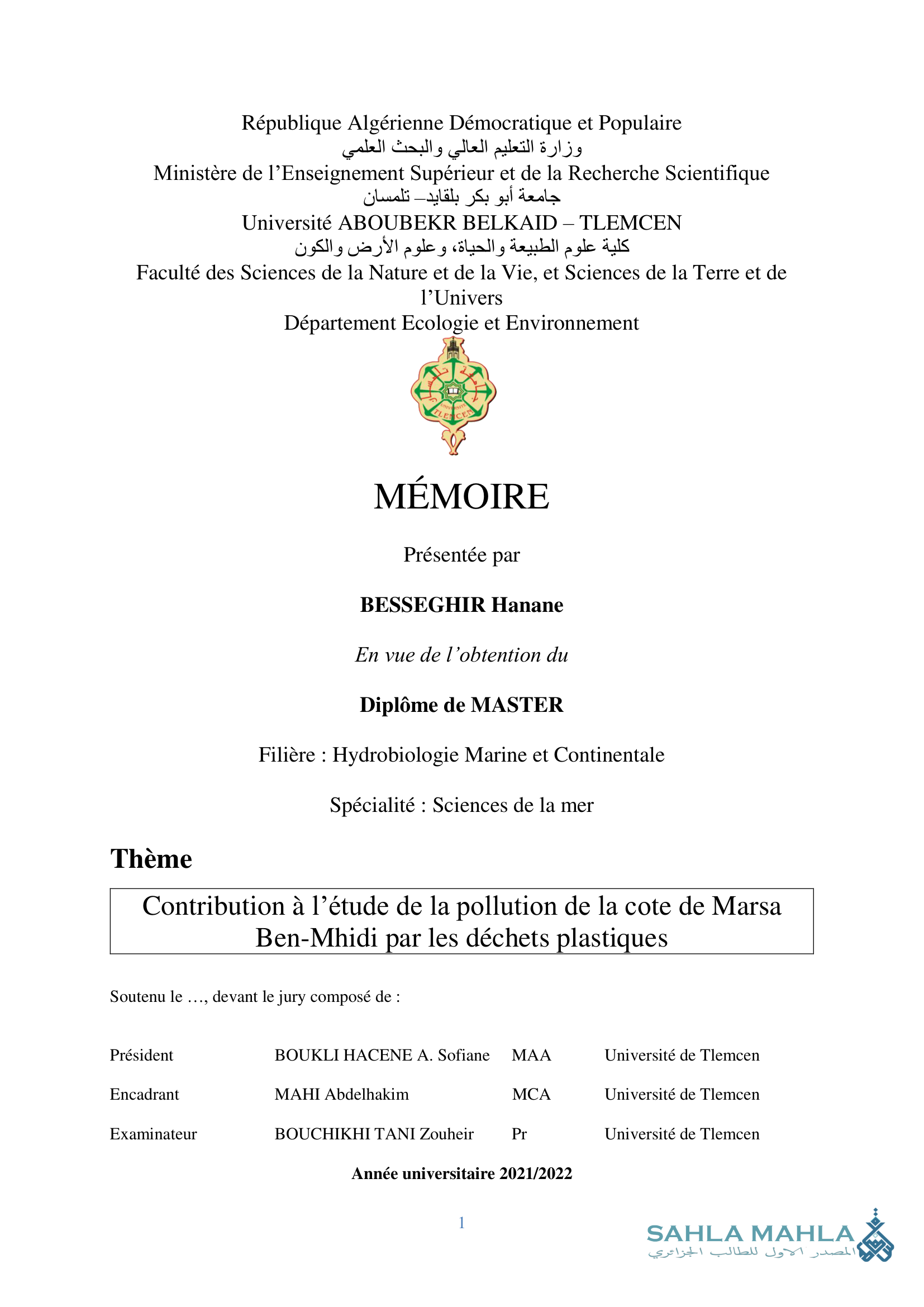 Contribution à l'étude de la pollution de la cote de Marsa Ben-Mhidi par les déchets plastiques