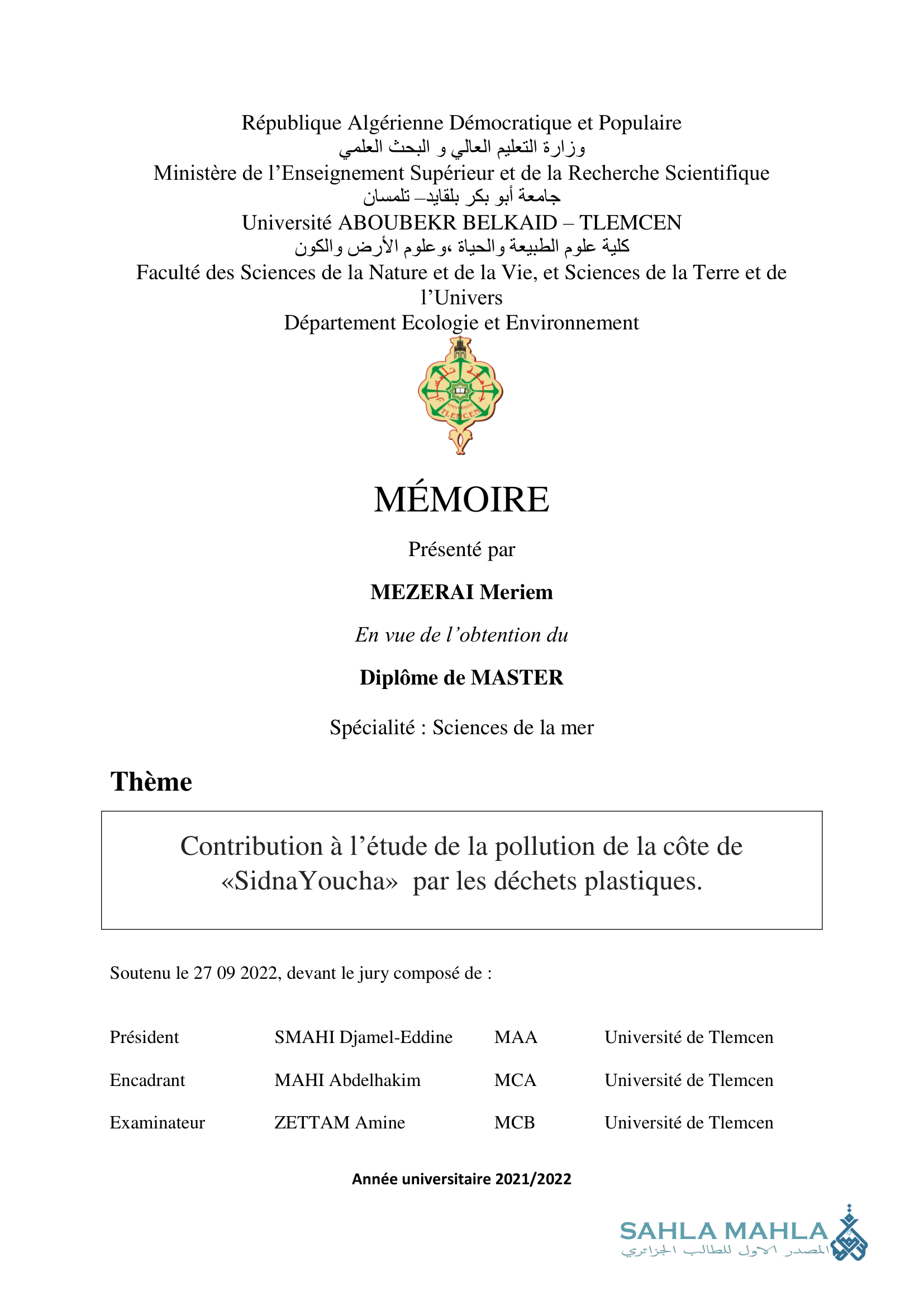 Contribution à l'étude de la pollution de la côte de <<Sidna Youcha» par les déchets plastiques.