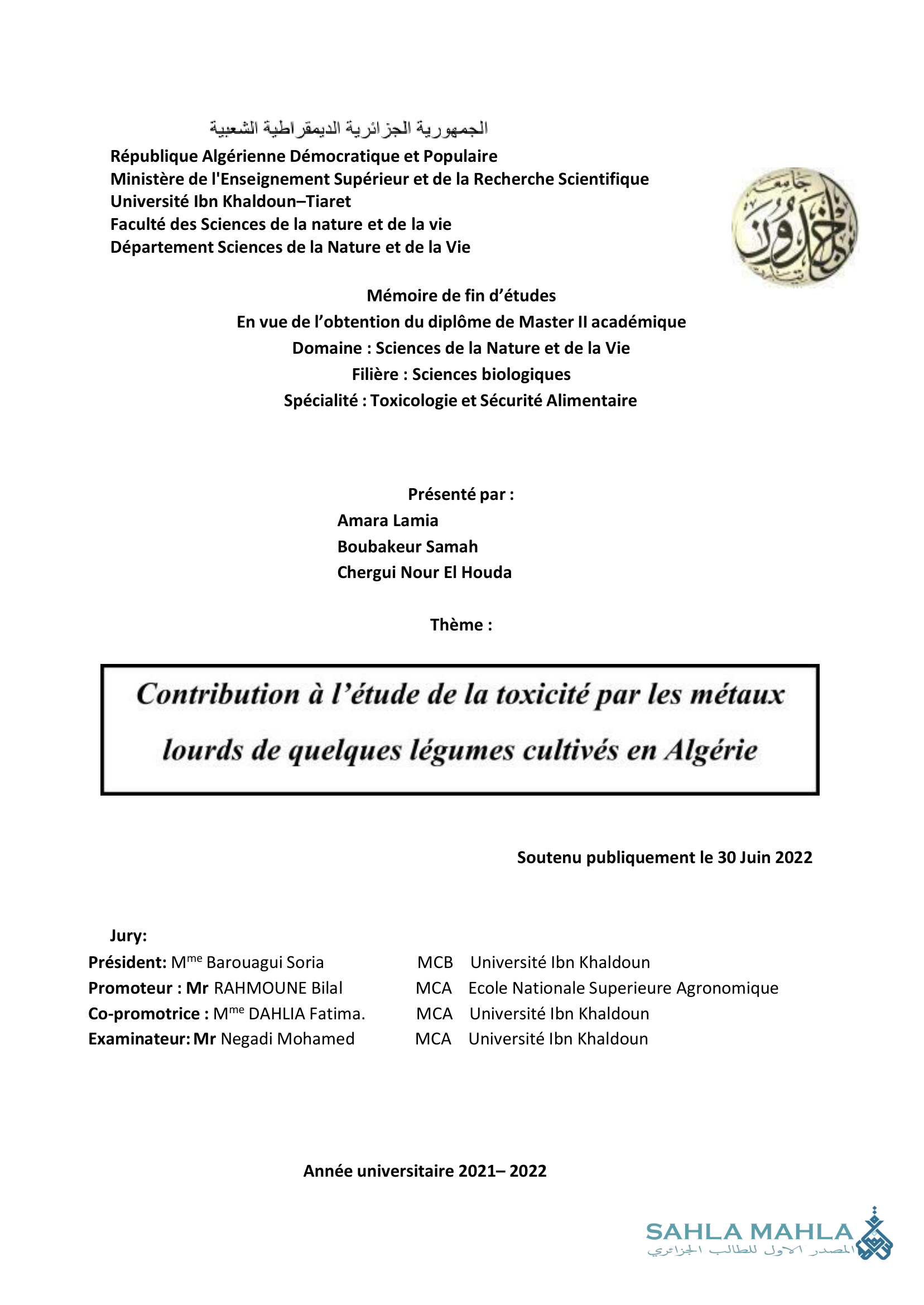 Contribution à l'étude de la toxicité par les métaux lourds de quelques légumes cultivés en Algérie