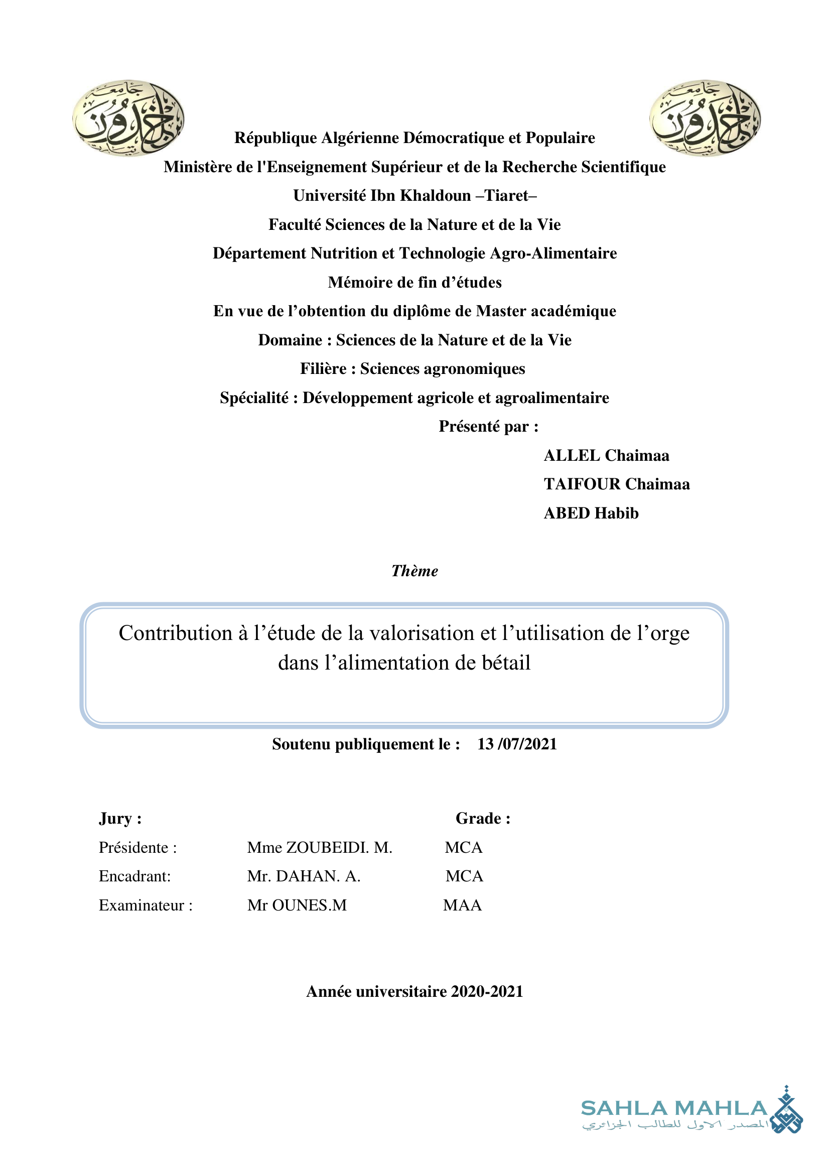 Contribution à l'étude de la valorisation et l'utilisation de l'orge dans l'alimentation de bétail