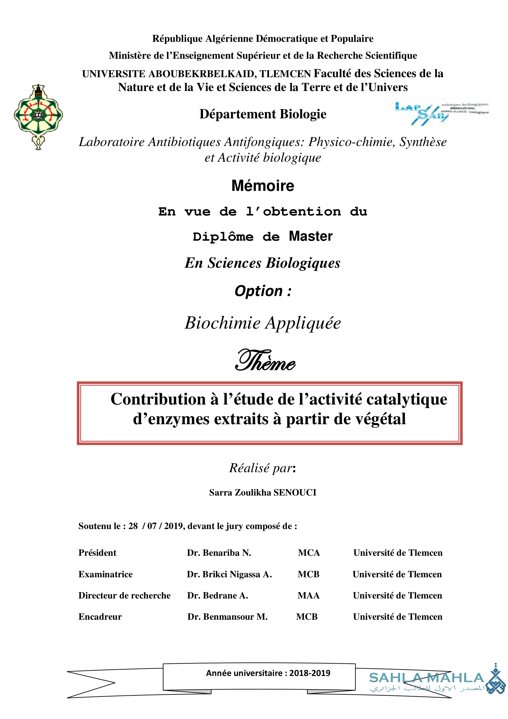 Contribution à l'étude de l'activité catalytique d'enzymes extraits à partir de végétal