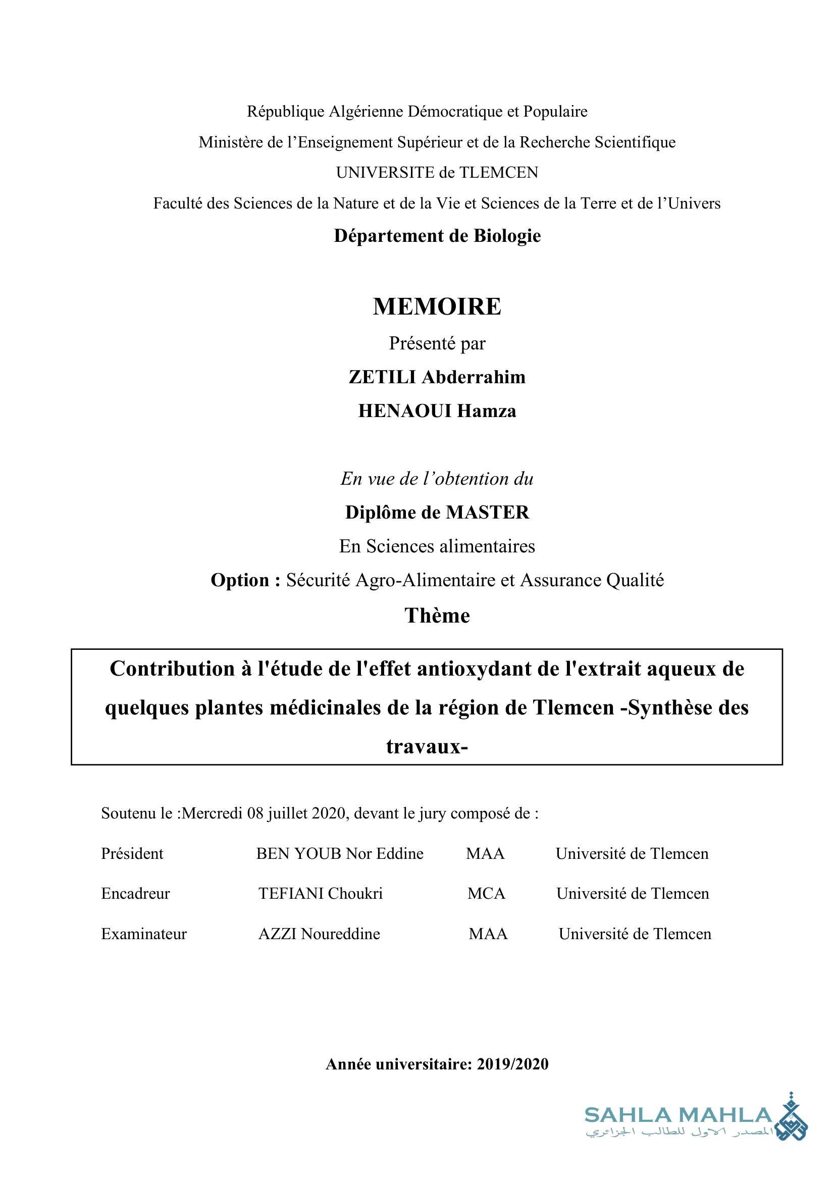 Contribution à l'étude de l'effet antioxydant de l'extrait aqueux de quelques plantes médicinales de la région de Tlemcen