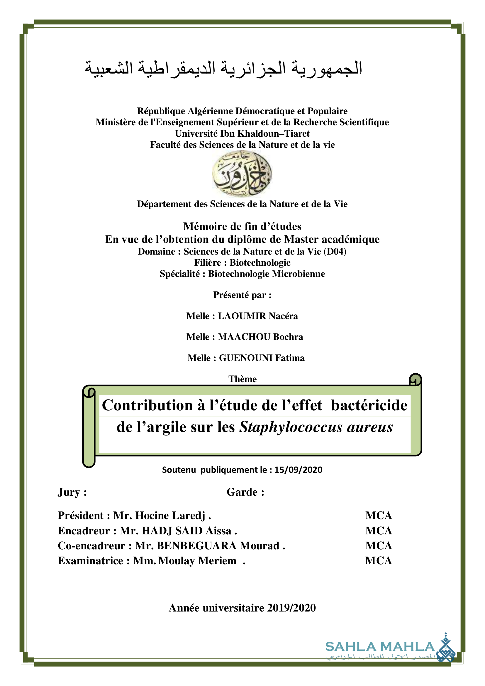 Contribution à l'étude de l'effet bactericide de l'argile sur les Staphylococcus aureus