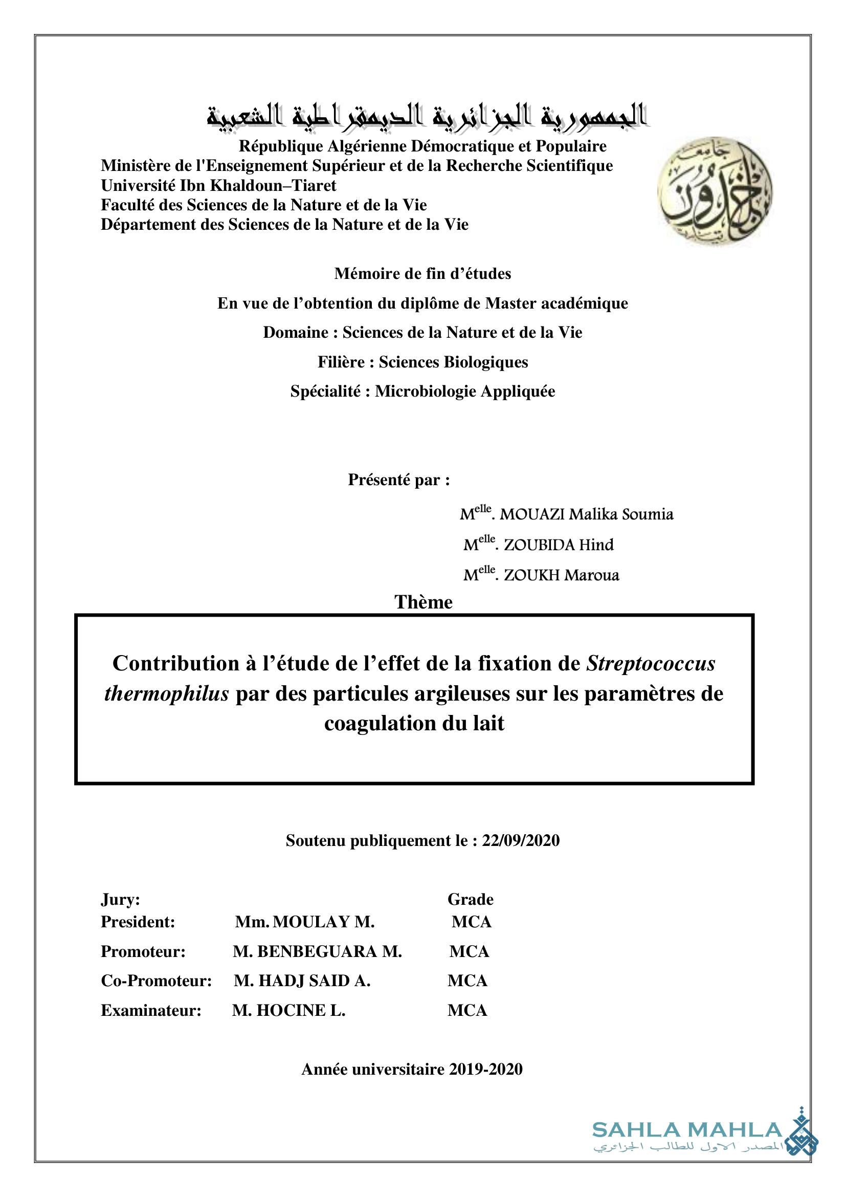 Contribution à l'étude de l'effet de la fixation de Streptococcus thermophilus par des particules argileuses sur les paramètres de coagulation du lait
