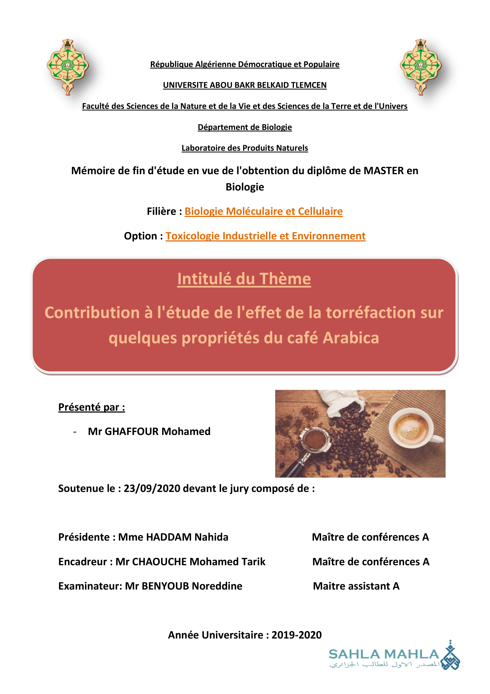 Contribution à l'étude de l'effet de la torréfaction sur quelques propriétés du café Arabica