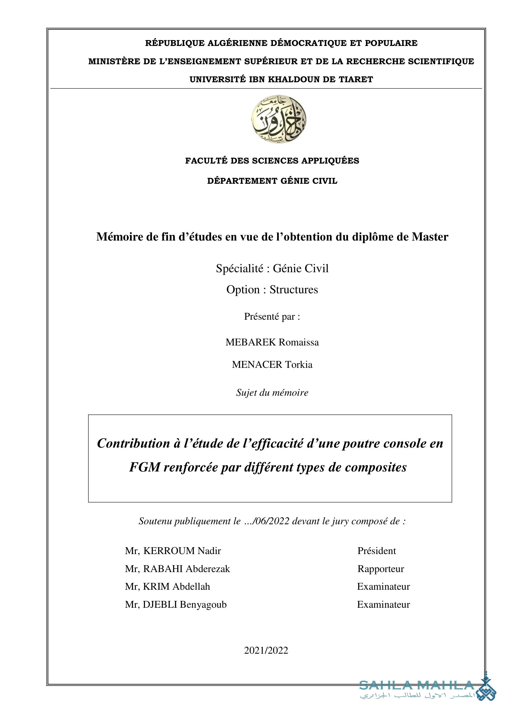Contribution à l'étude de l'efficacité d'une poutre console en FGM renforcée par différent types de composites