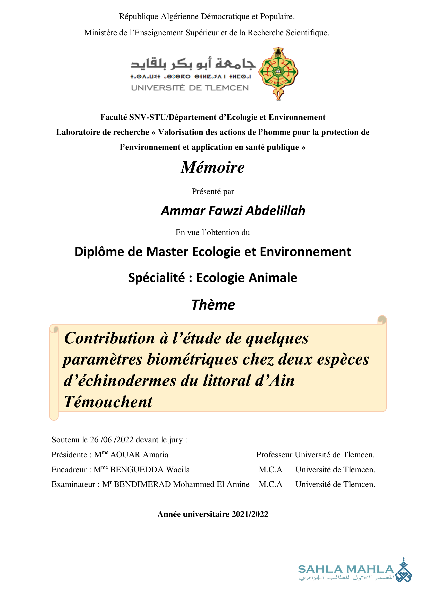 Contribution à l'étude de quelques paramètres biométriques chez deux espèces d'échinodermes du littoral d'Ain Témouchent