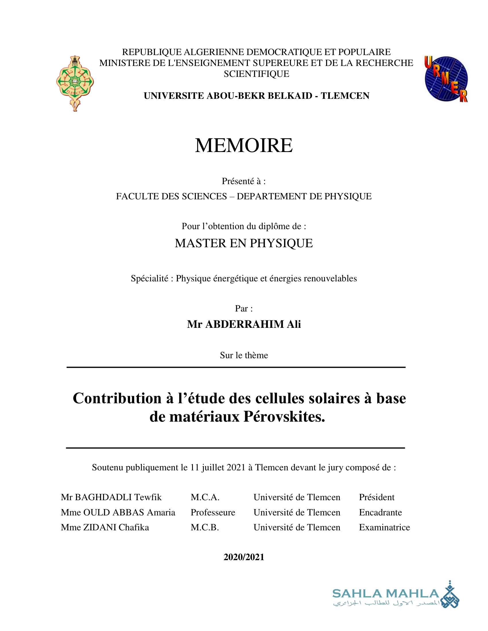 Contribution à l'étude des cellules solaires à base de matériaux Pérovskites.